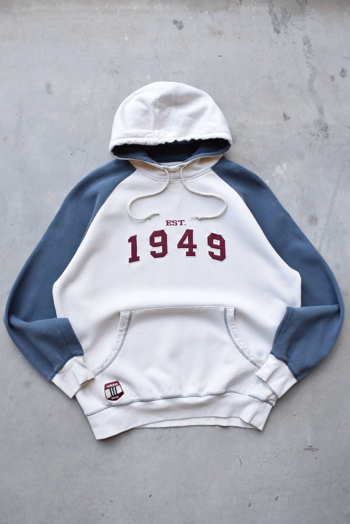 Adidas '1949' Cream & Navy Embroidered Hoodie — 2000s (L) - Retrospective Store