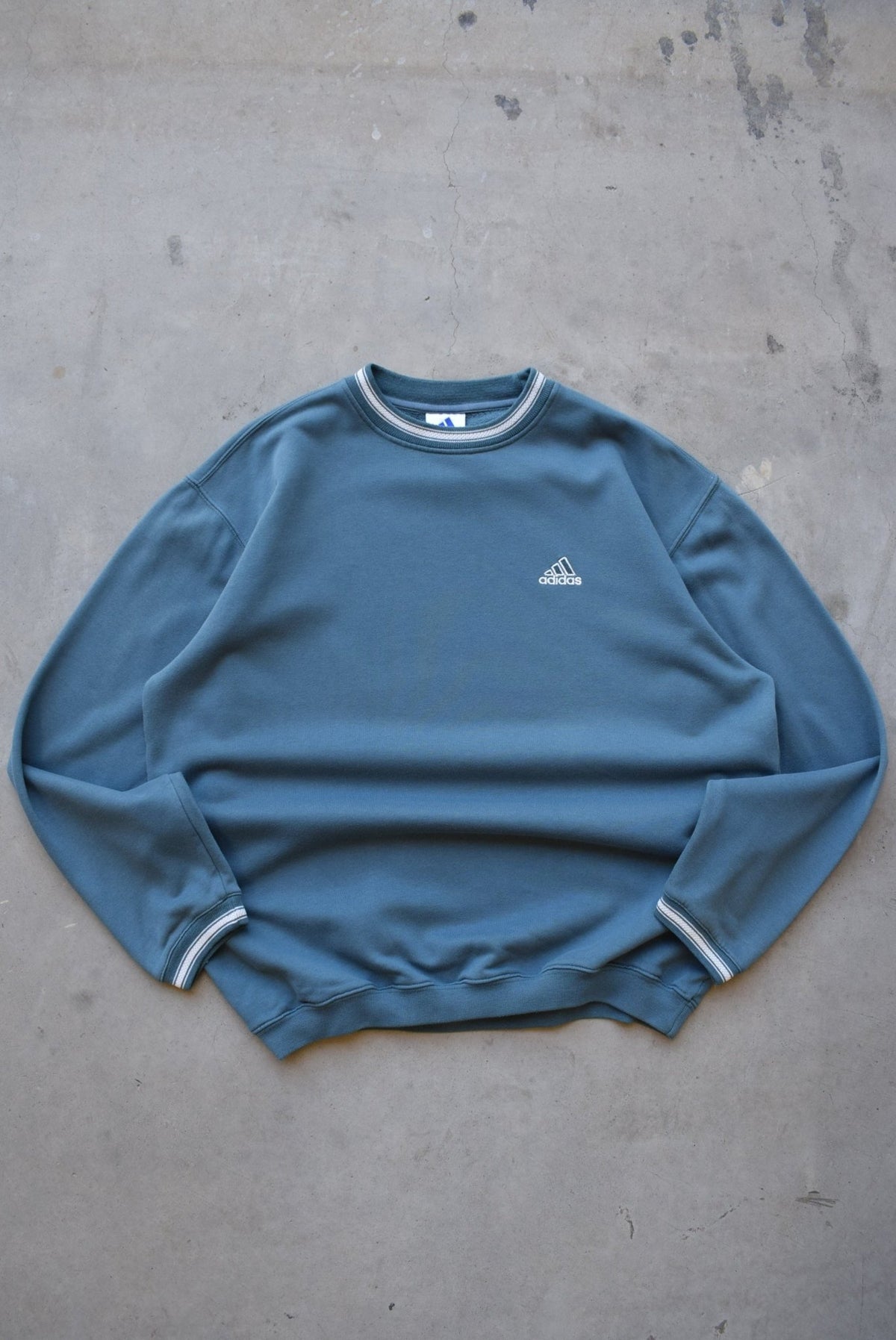 Adidas Blue Embroidered Spellout Crewneck — 1990s (L/XL) - Retrospective Store