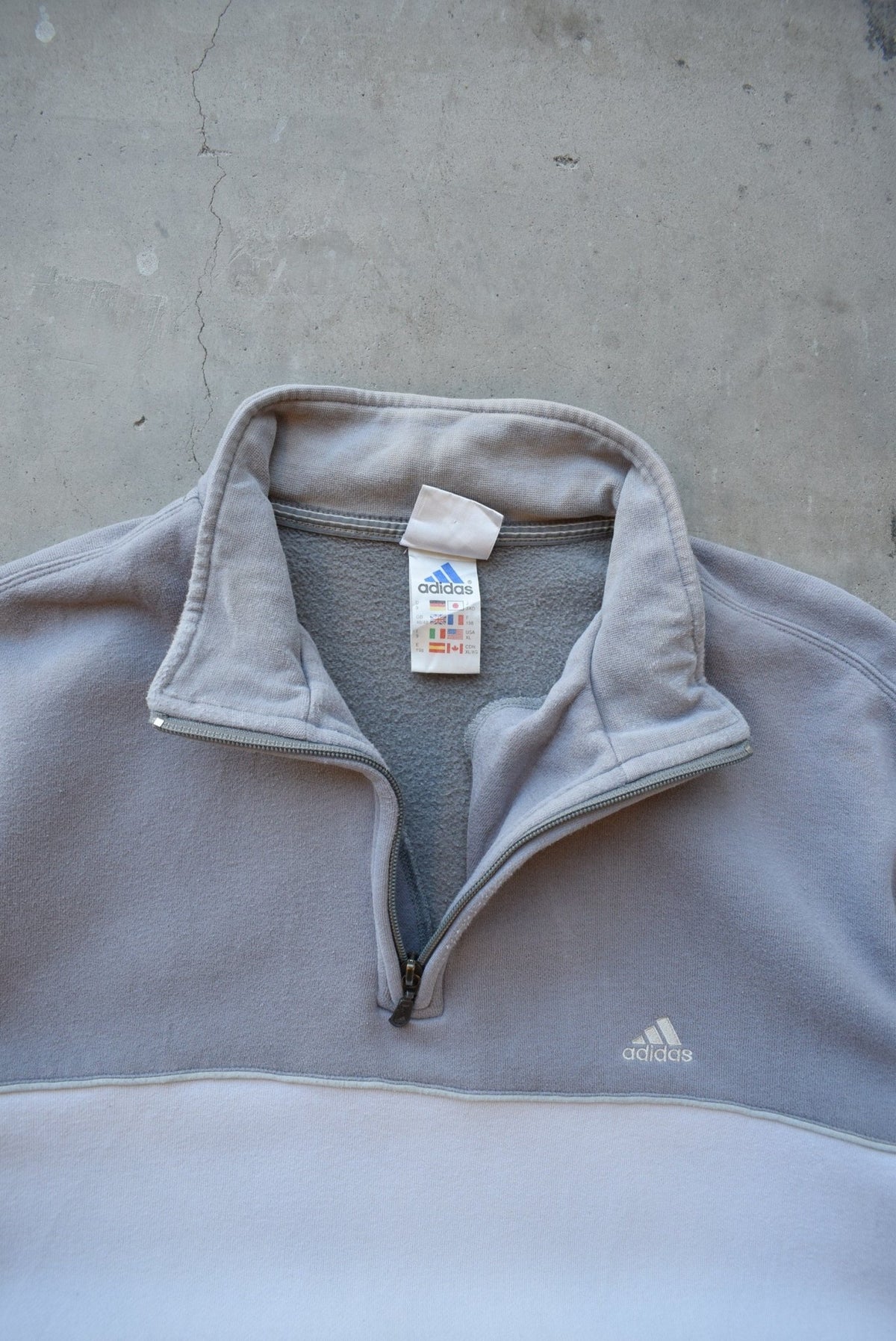 Adidas Cream & Grey Embroidered Spellout Quarter Zip — 1990s (XL) - Retrospective Store