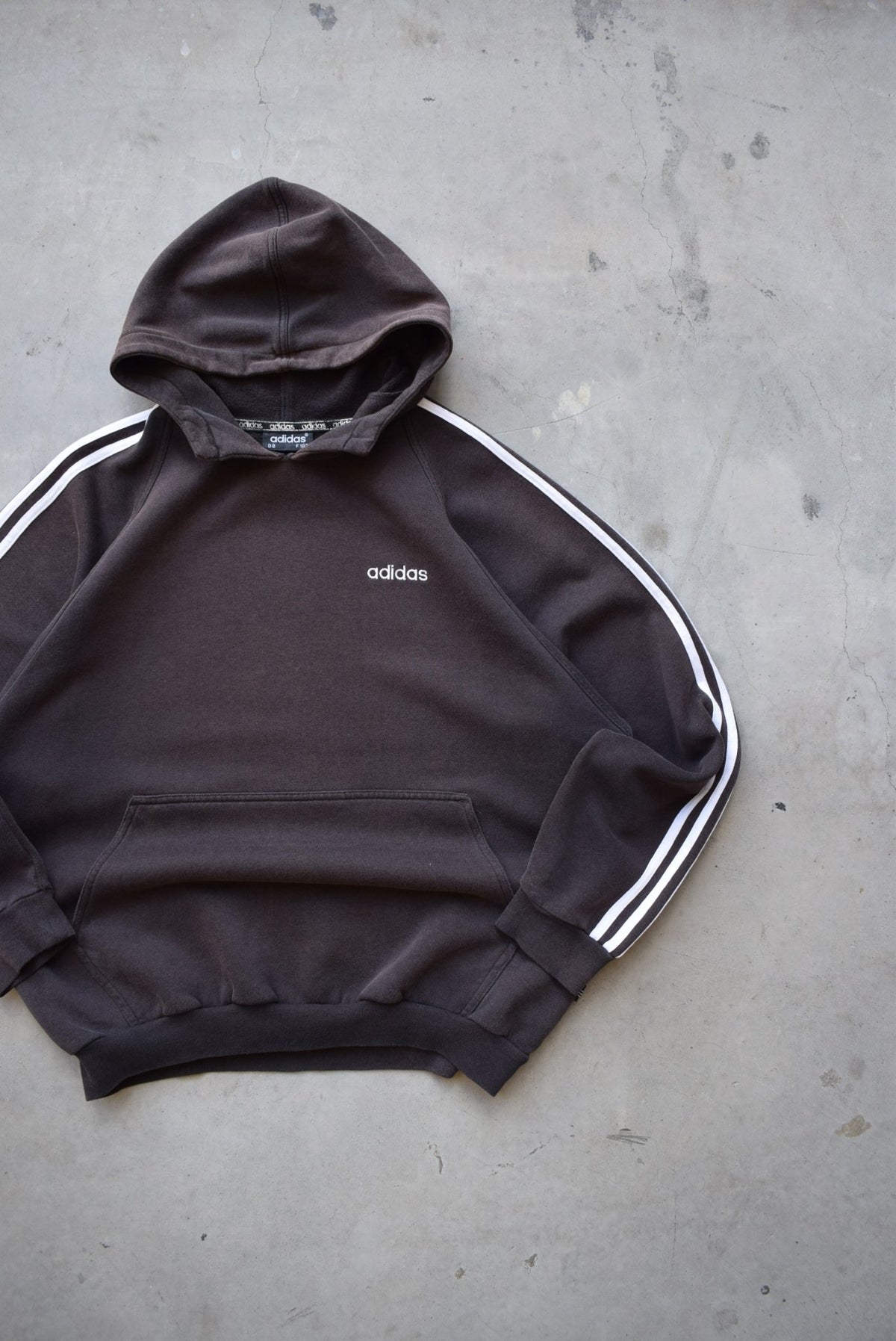 Adidas Faded-Black Embroidered Spellout Hoodie — 1990s (XL) - Retrospective Store