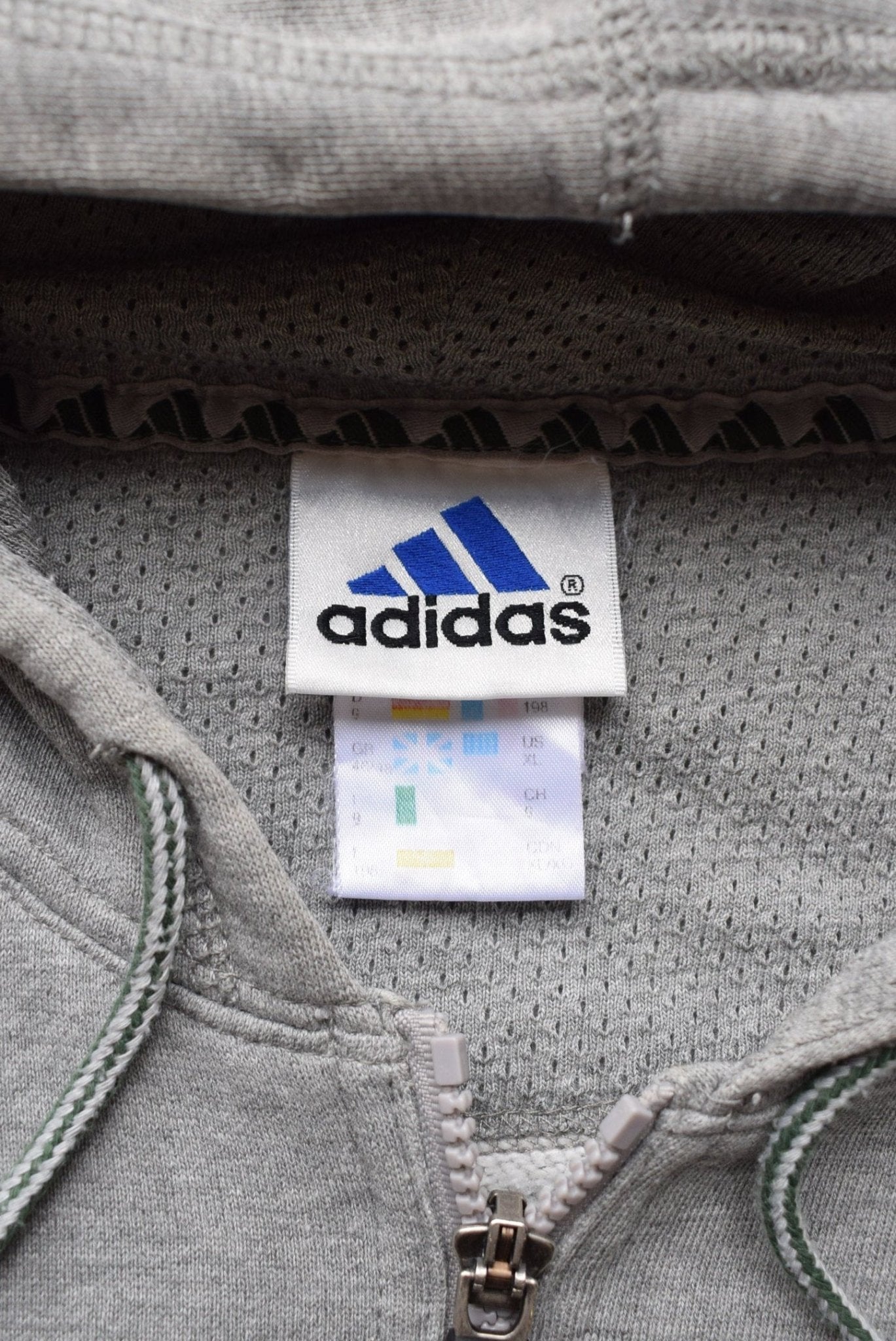 Adidas Grey Embroidered Spellout Full-Zip Hoodie — 1990s (XL) - Retrospective Store