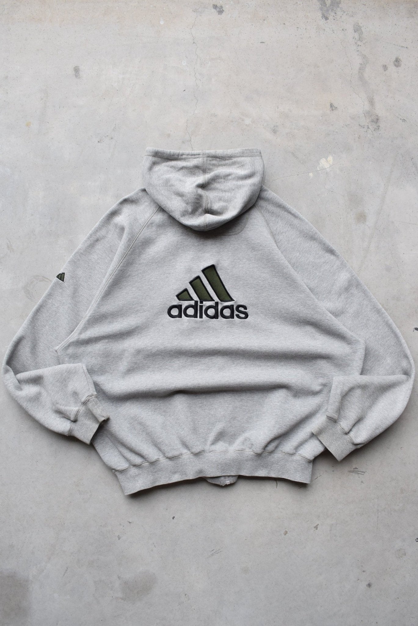 Adidas Grey Embroidered Spellout Full-Zip Hoodie — 1990s (XL) - Retrospective Store
