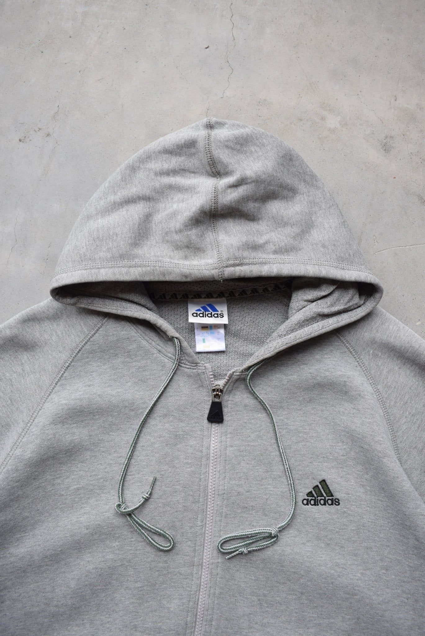 Adidas Grey Embroidered Spellout Full-Zip Hoodie — 1990s (XL) - Retrospective Store