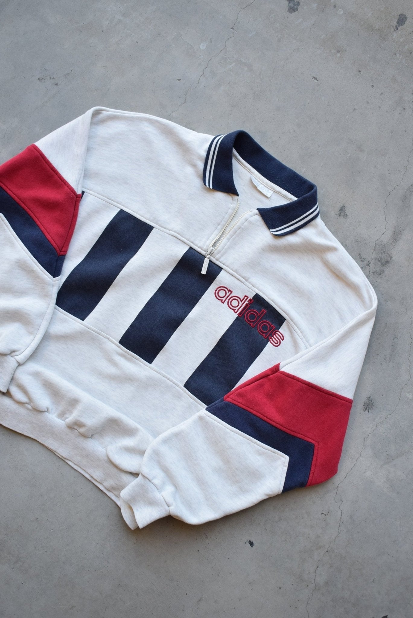 Adidas Grey Embroidered Spellout Quarter Zip — 1990s (M) - Retrospective Store