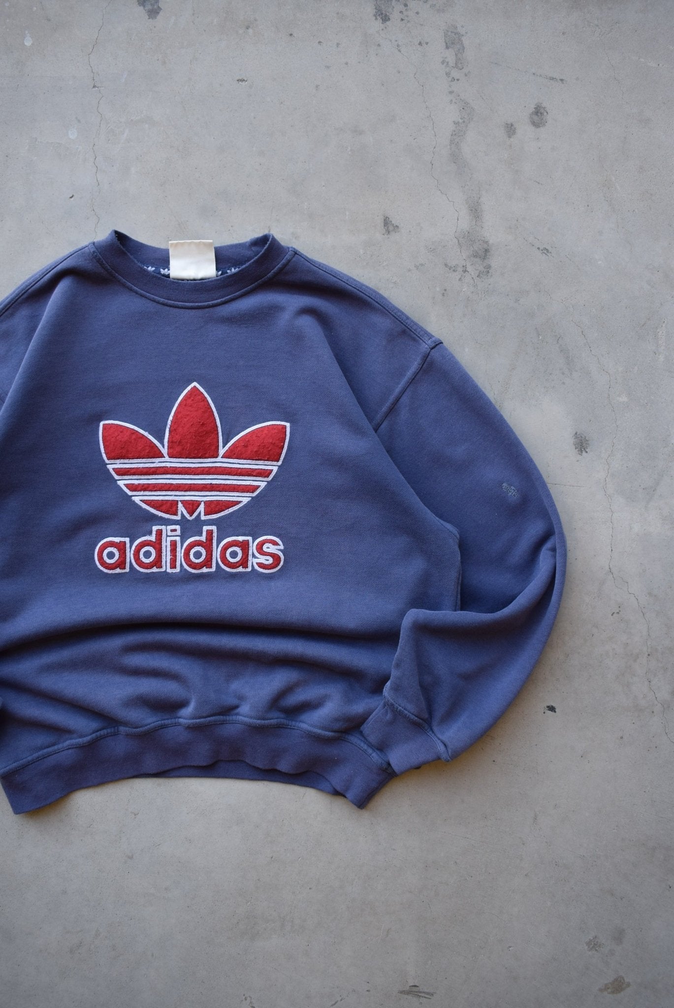 Adidas Navy Embroidered Spellout Crewneck — 1990s (M) - Retrospective Store