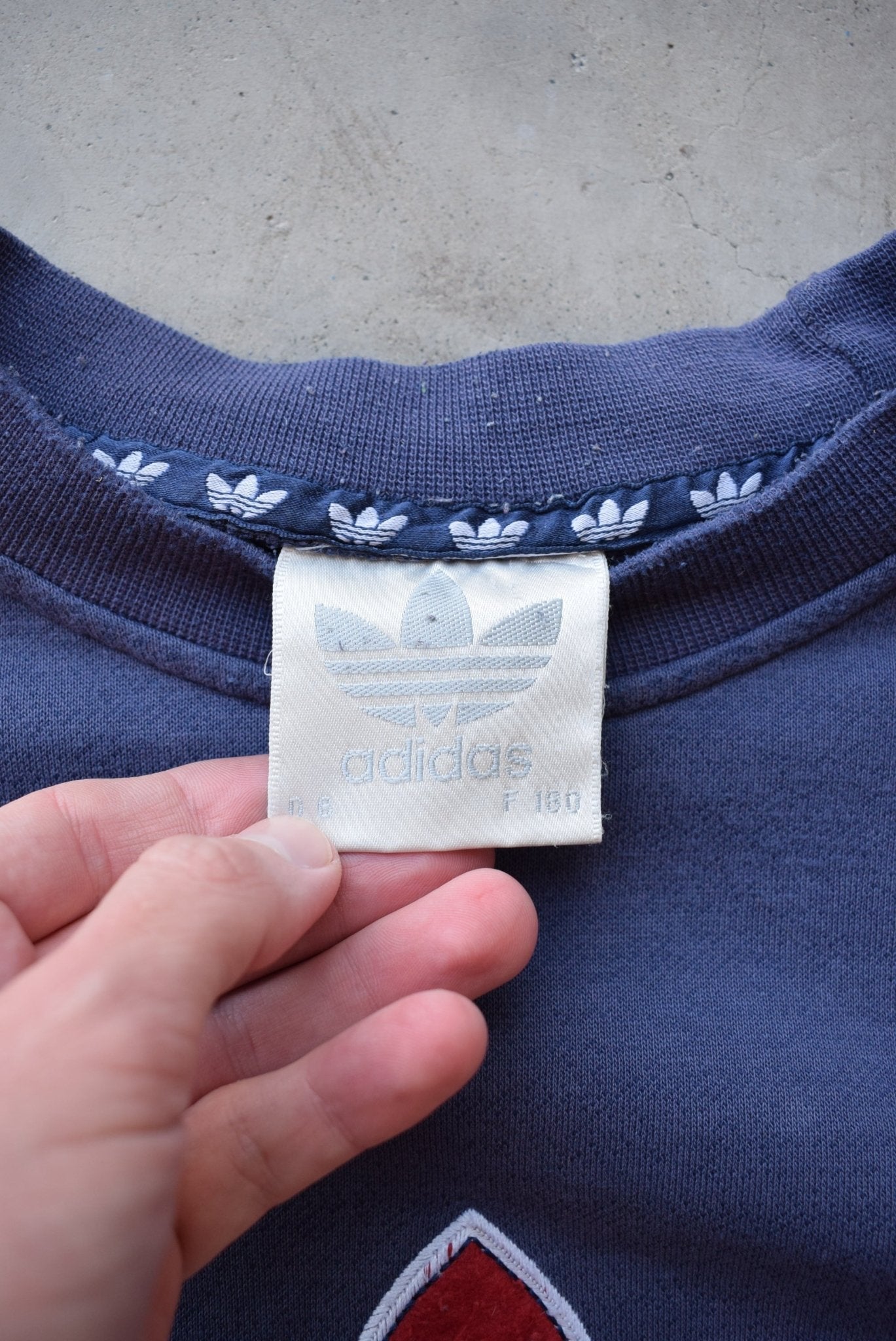 Adidas Navy Embroidered Spellout Crewneck — 1990s (M) - Retrospective Store
