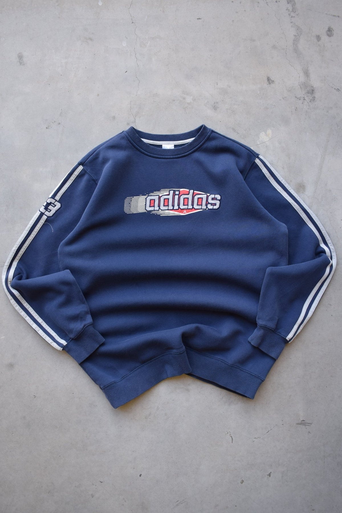 Adidas Navy Embroidered Spellout Crewneck — 2000s (M) - Retrospective Store