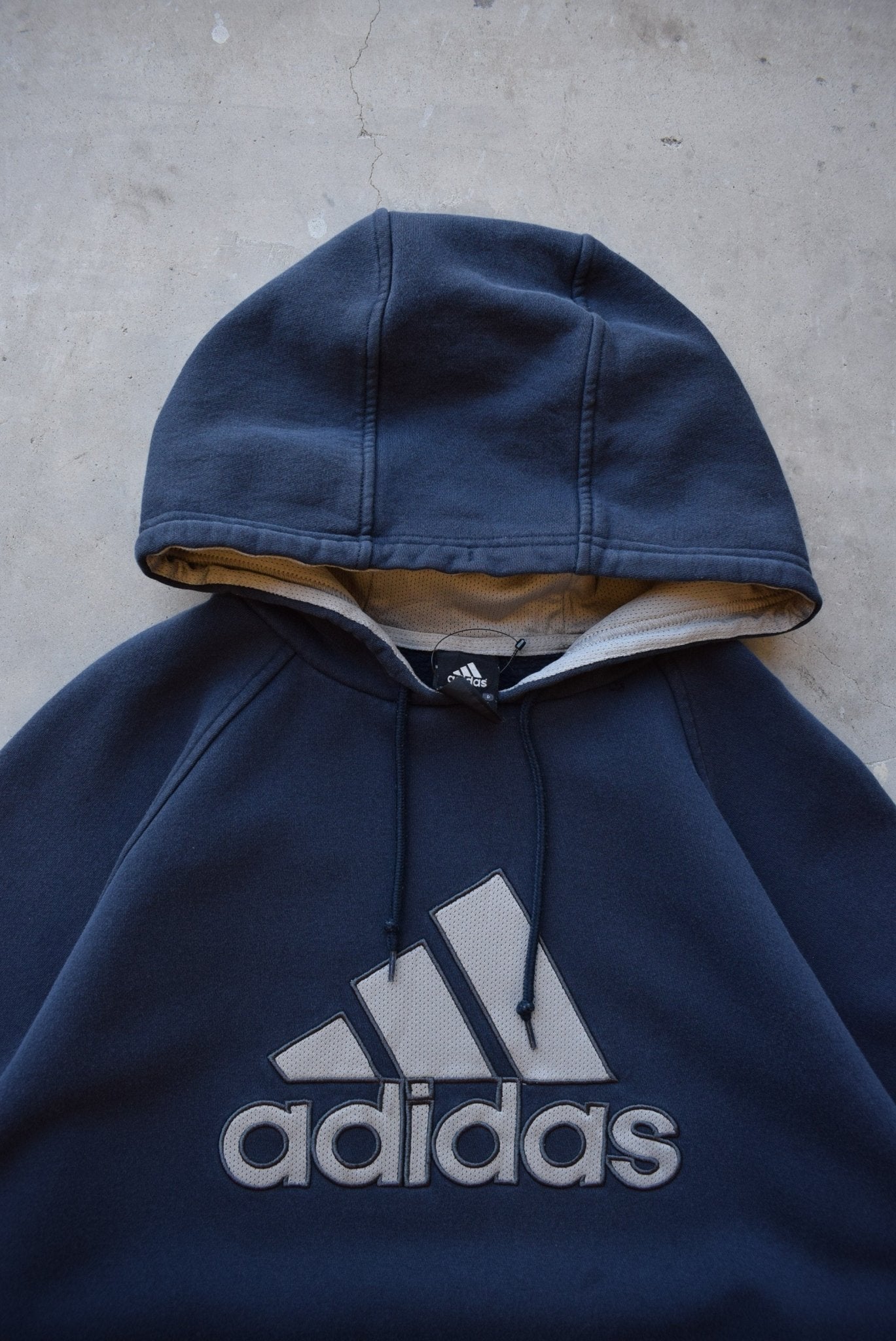 Adidas Navy Embroidered Spellout Hoodie — 2000s (L) - Retrospective Store