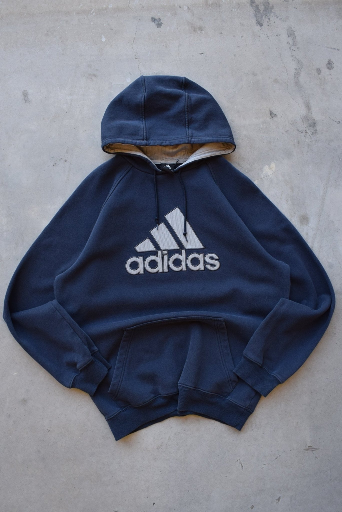 Adidas Navy Embroidered Spellout Hoodie — 2000s (L) - Retrospective Store