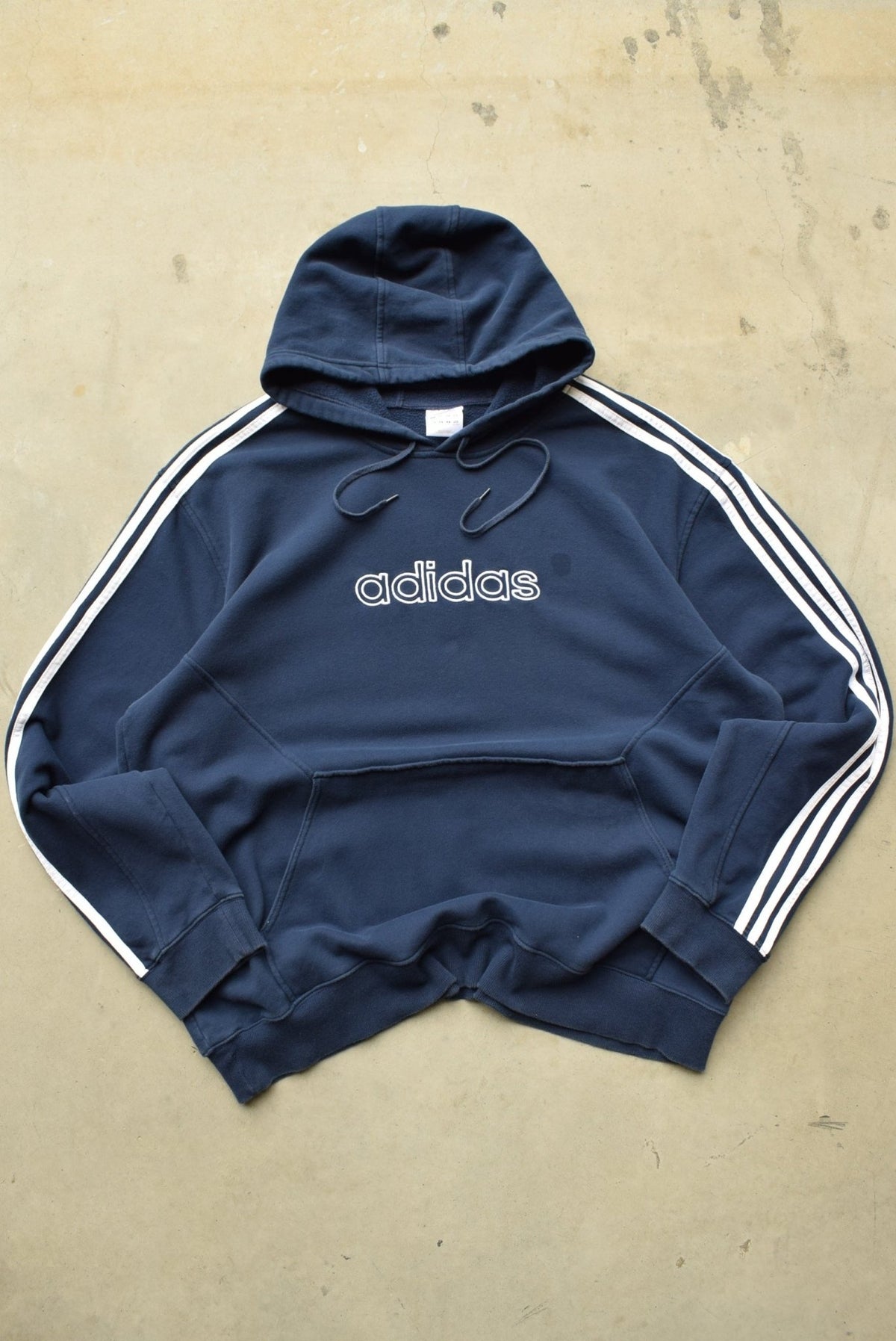 Adidas Navy Embroidered Spellout Hoodie — 2000s (XXL) - Retrospective Store