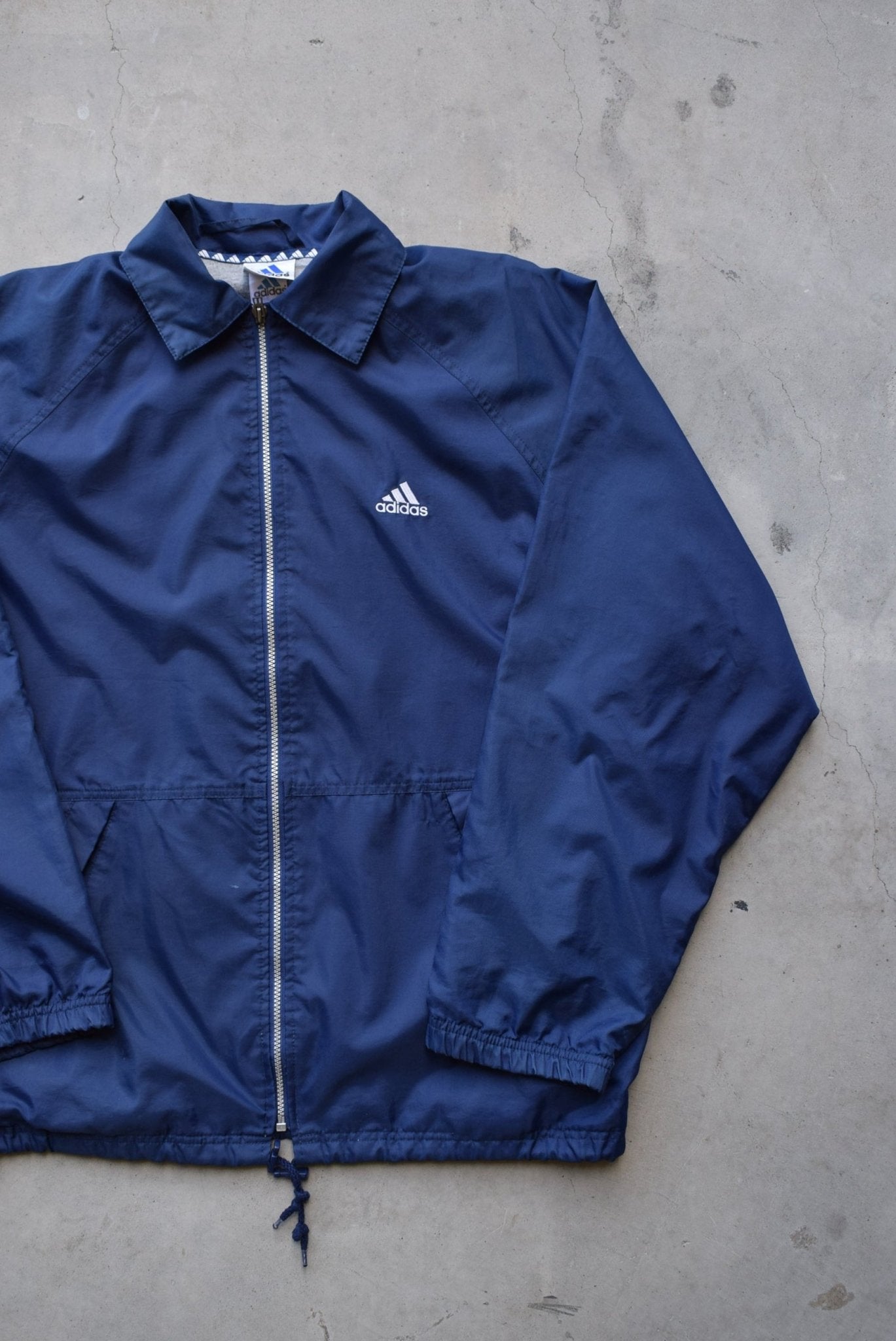 Adidas Navy Embroidered Spellout Jacket — 1990s (L/XL) - Retrospective Store