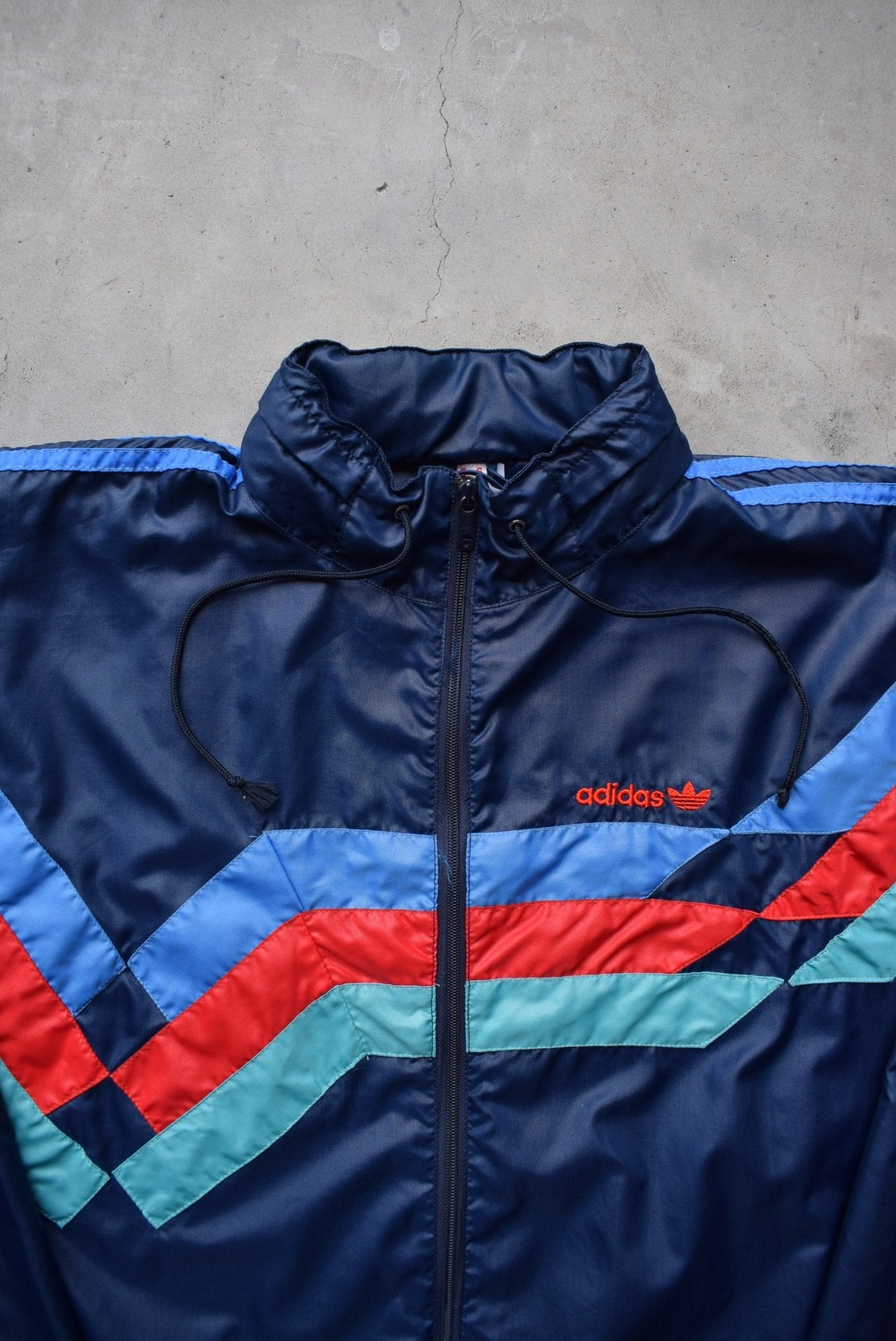 Adidas Navy Embroidered Spellout Spray Jacket — 1980s (L/XL) - Retrospective Store