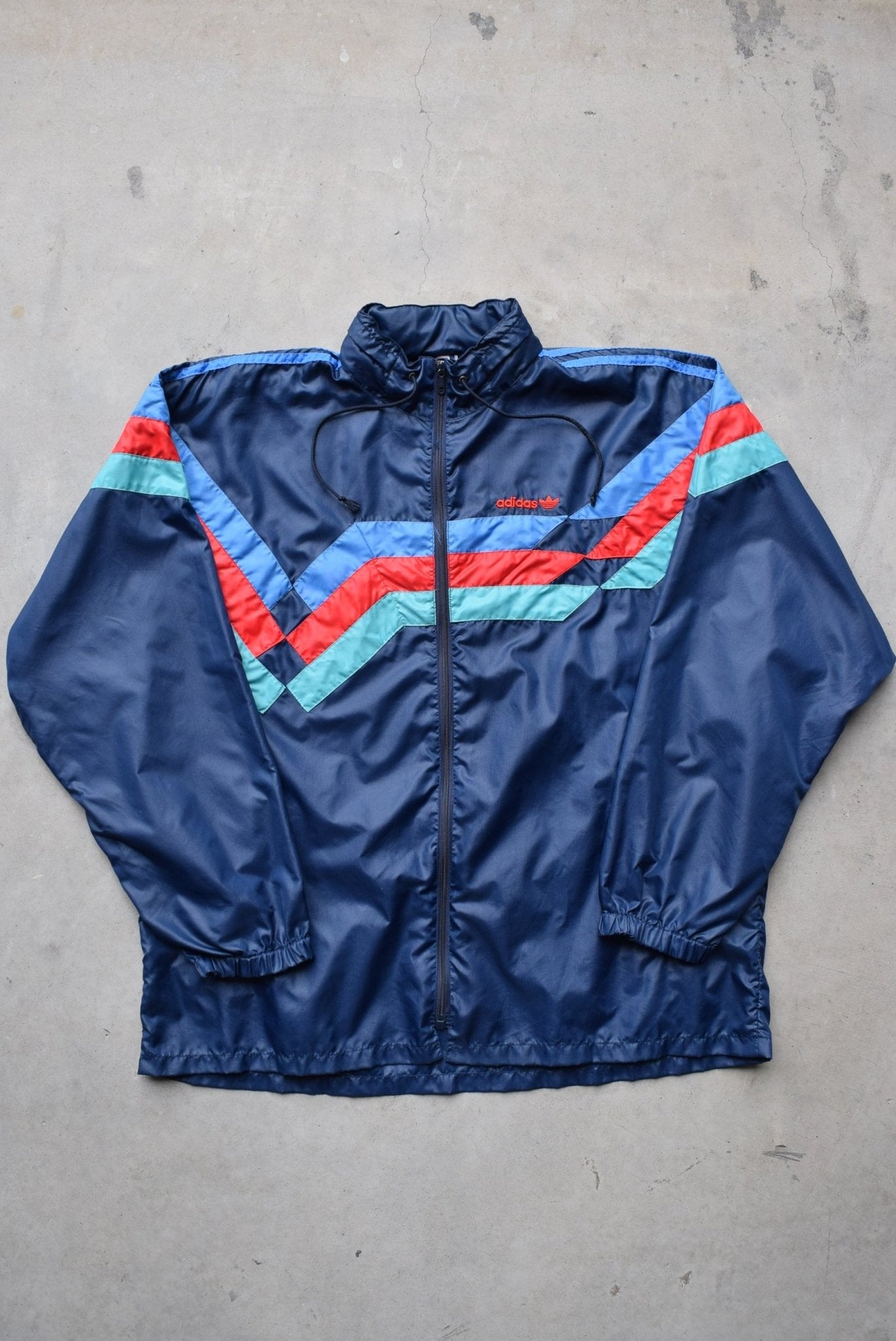 Adidas Navy Embroidered Spellout Spray Jacket — 1980s (L/XL) - Retrospective Store