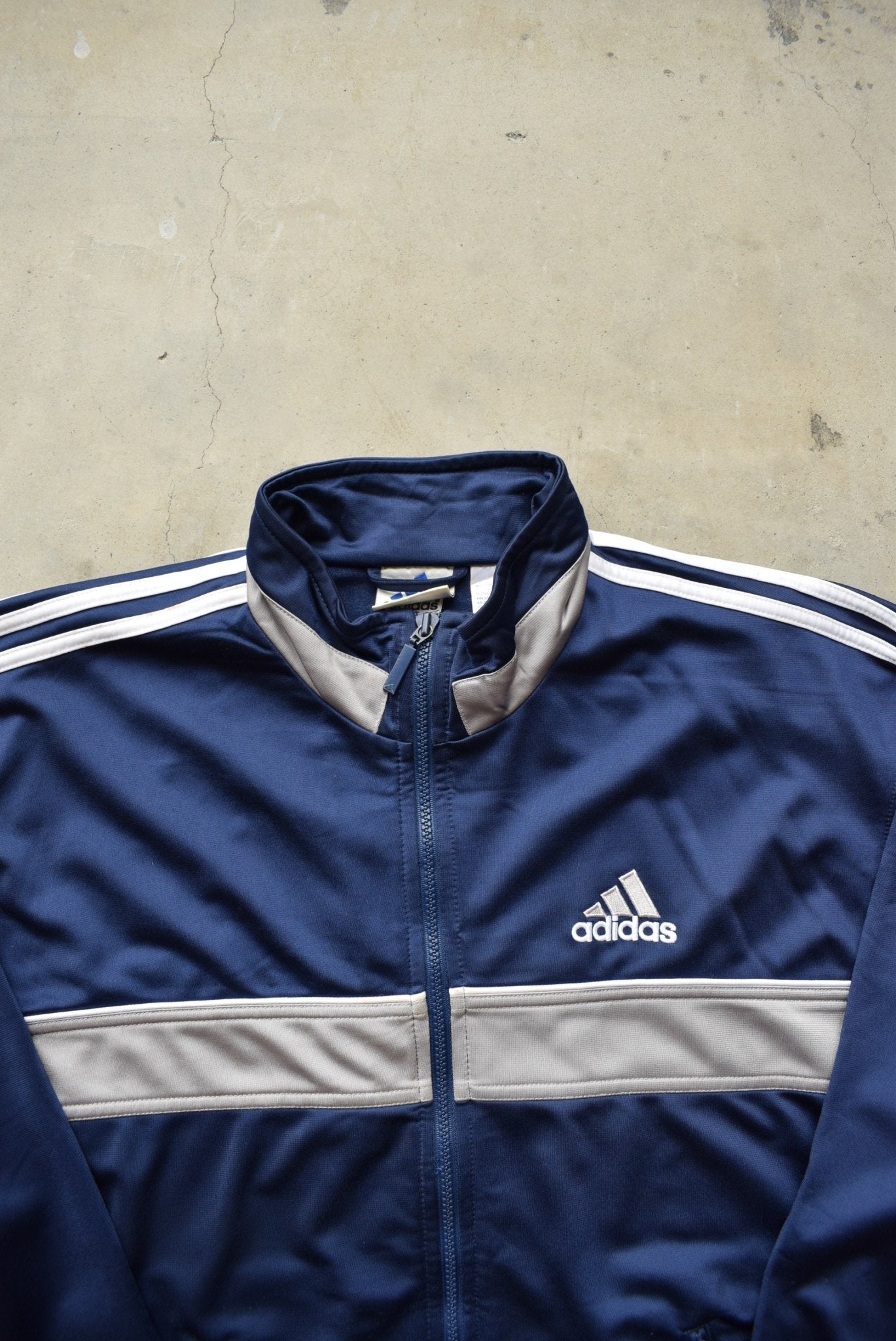 Adidas Navy & Grey Embroidered Logo Jacket — 1990s (M) - Retrospective Store