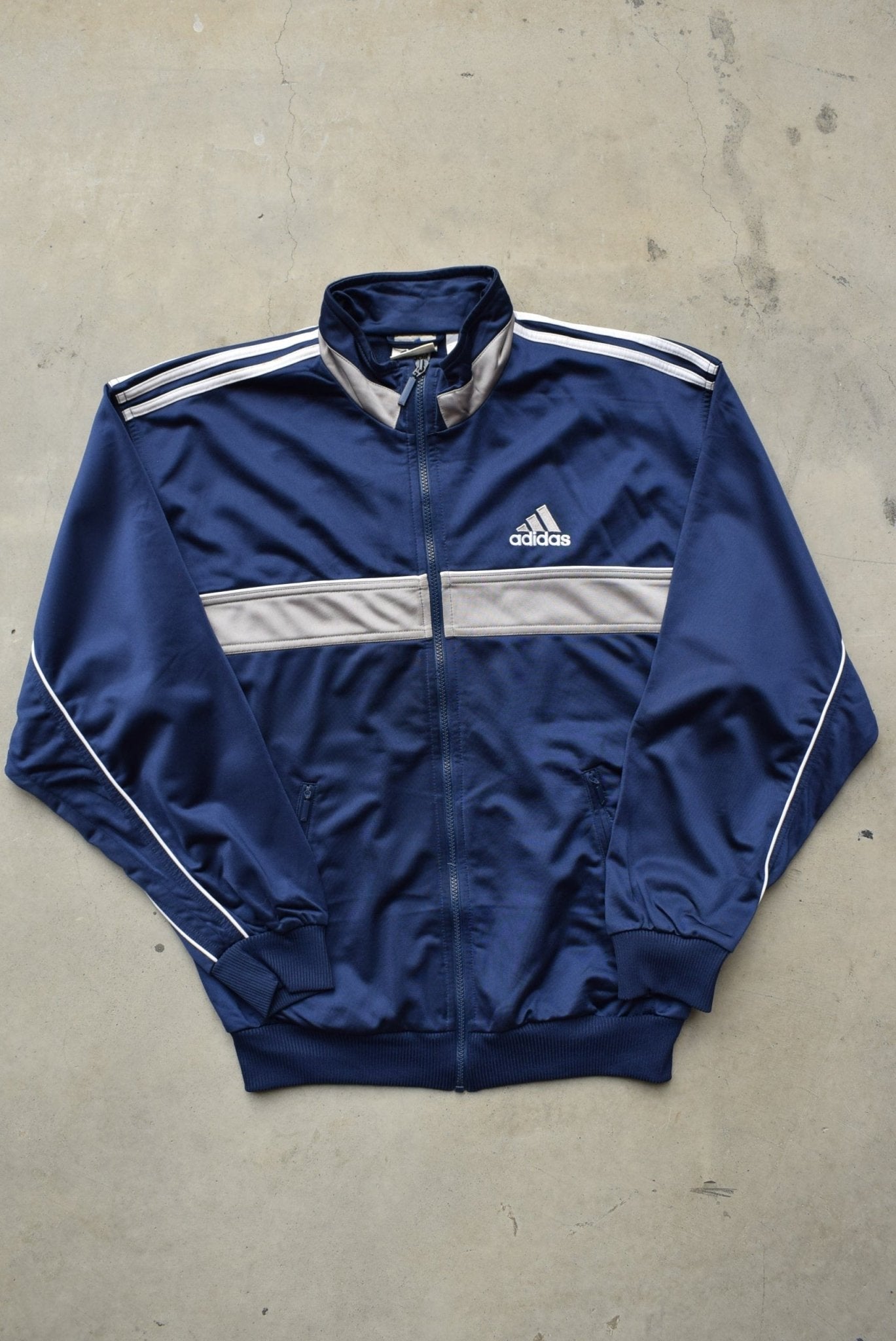 Adidas Navy & Grey Embroidered Logo Jacket — 1990s (M) - Retrospective Store