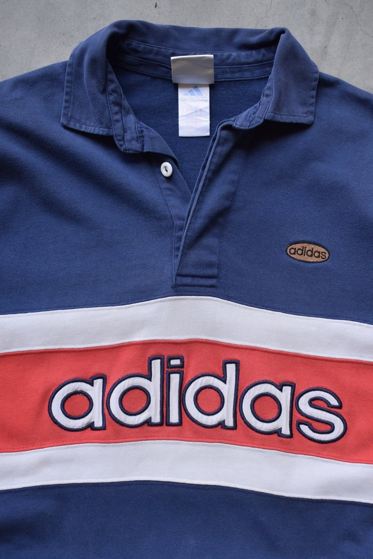 Adidas Navy & Red Embroidered Spellout Rugby Polo — 1990s (XL) - Retrospective Store