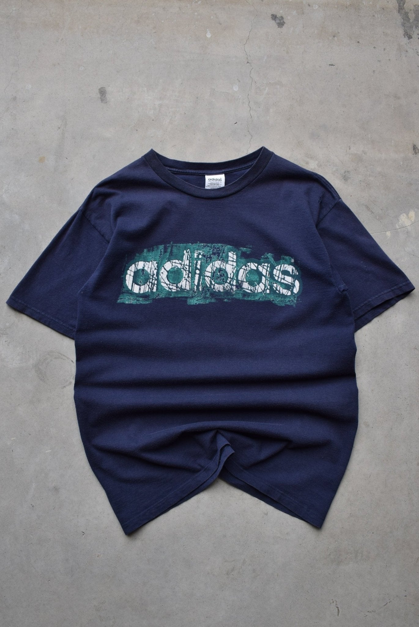 Adidas Navy Spellout Tee — 1990s (M/L) - Retrospective Store