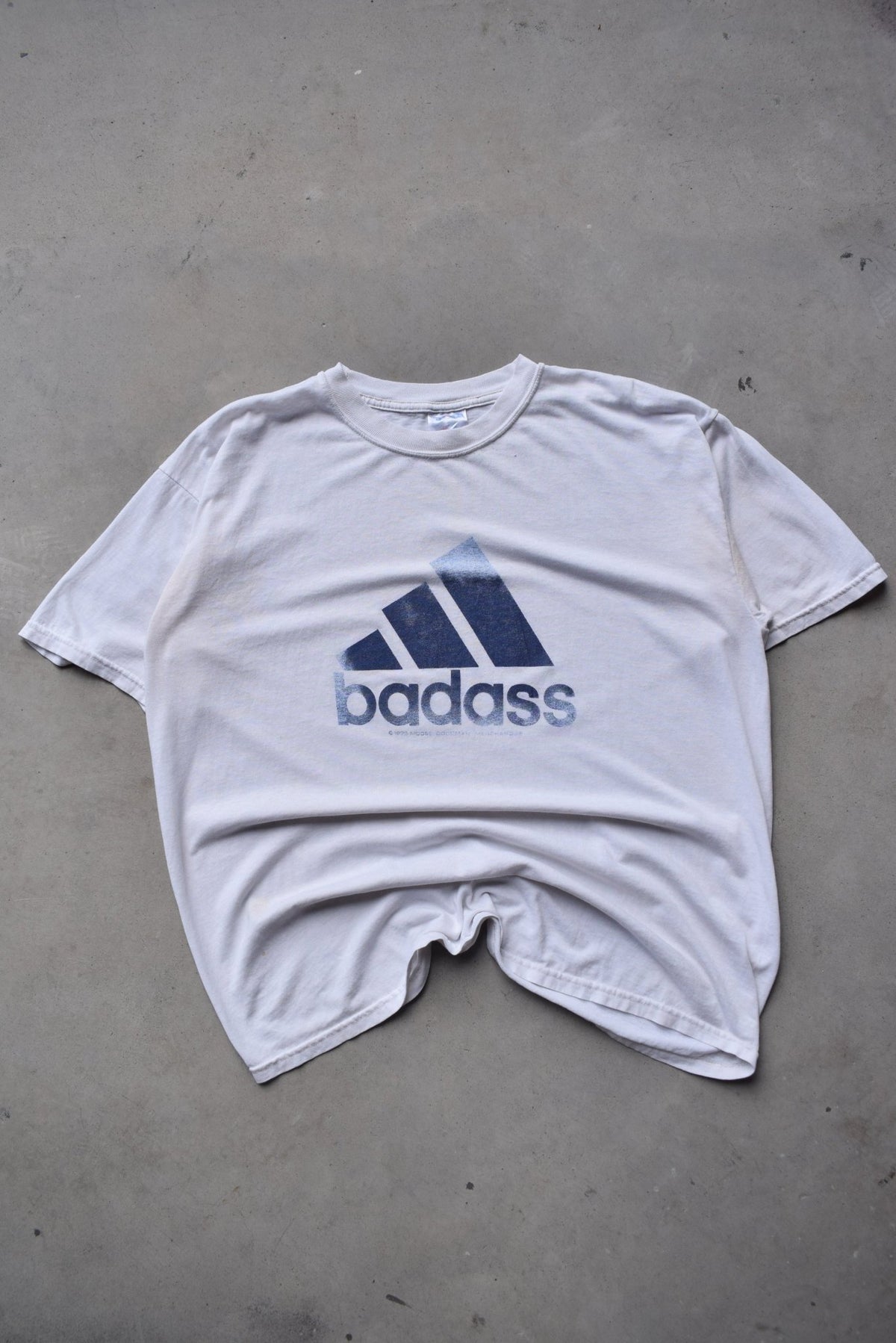 Adidas Parody 'Badass' White Graphic Tee — 1990s (XL) - Retrospective Store
