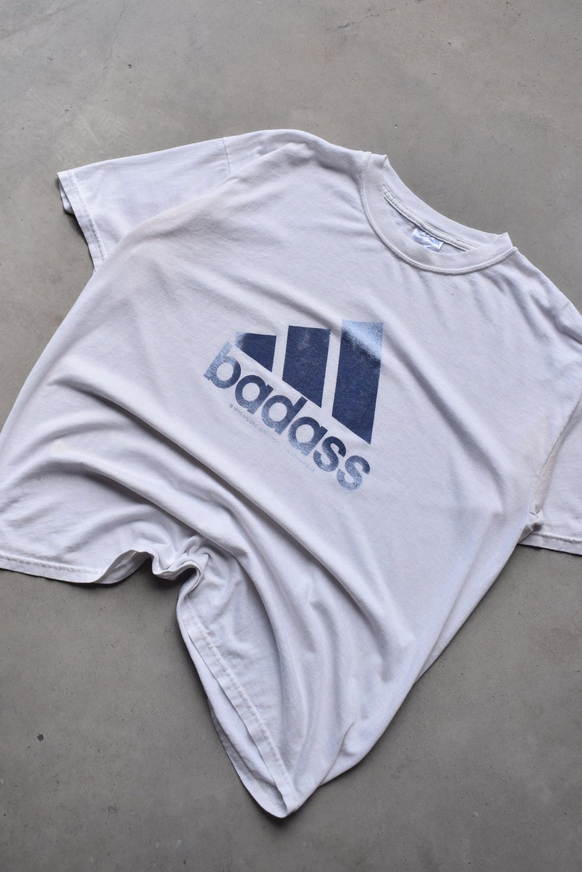 Adidas Parody 'Badass' White Graphic Tee — 1990s (XL) - Retrospective Store