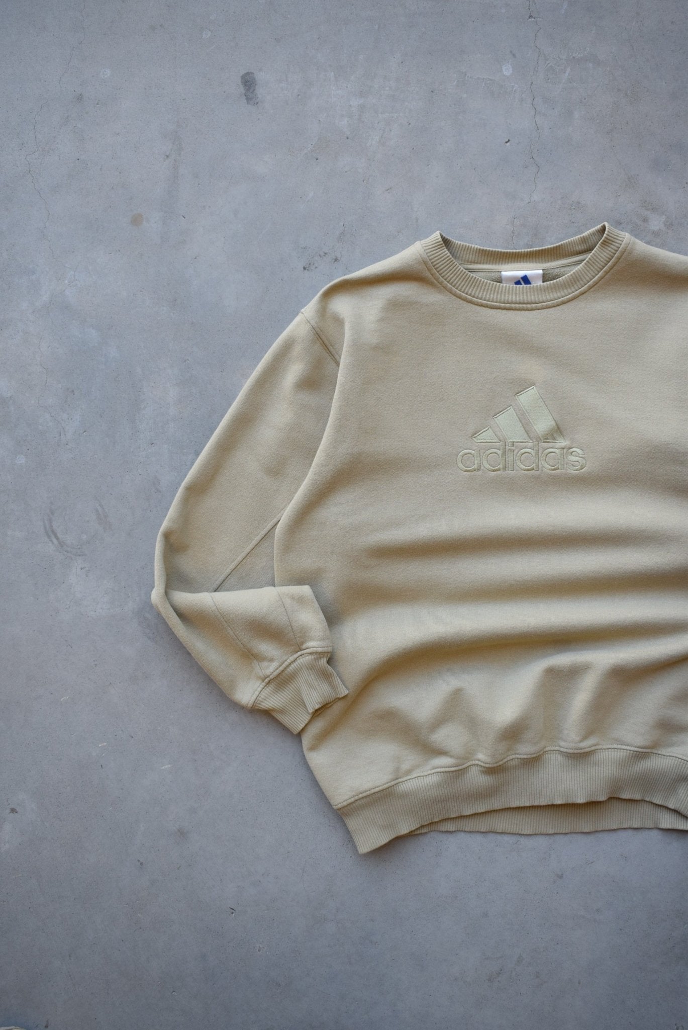 Adidas Tan Embroidered Spellout Crewneck — 1990s (S) - Retrospective Store