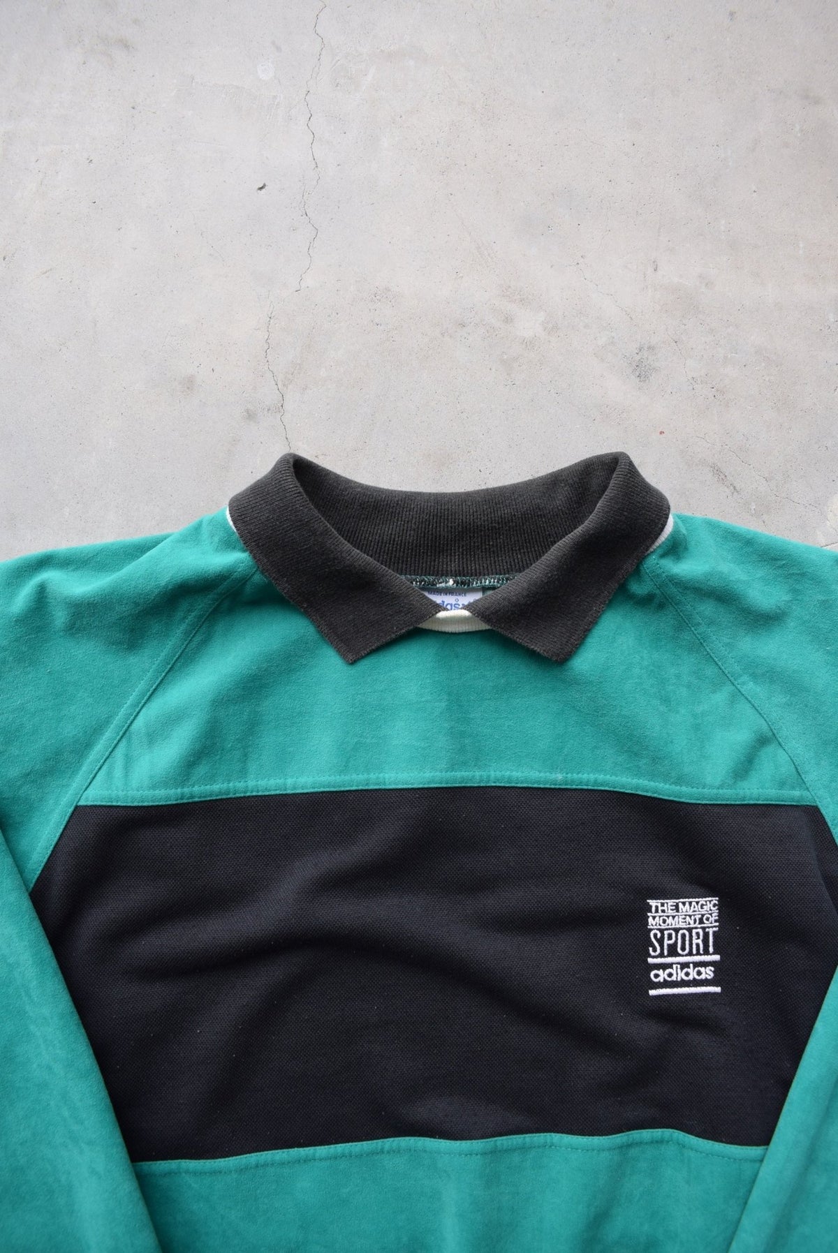 Adidas 'The Magic Moment of Sport' Green & Black Embroidered Collared Sweater — 1980s (L) - Retrospective Store