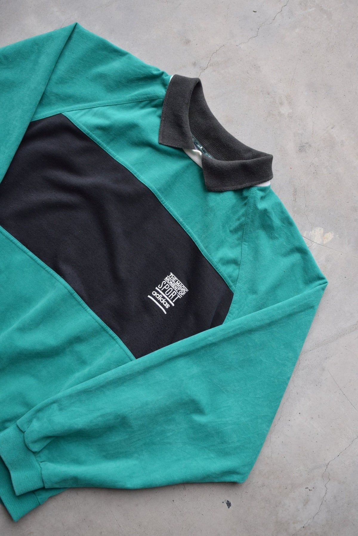 Adidas 'The Magic Moment of Sport' Green & Black Embroidered Collared Sweater — 1980s (L) - Retrospective Store