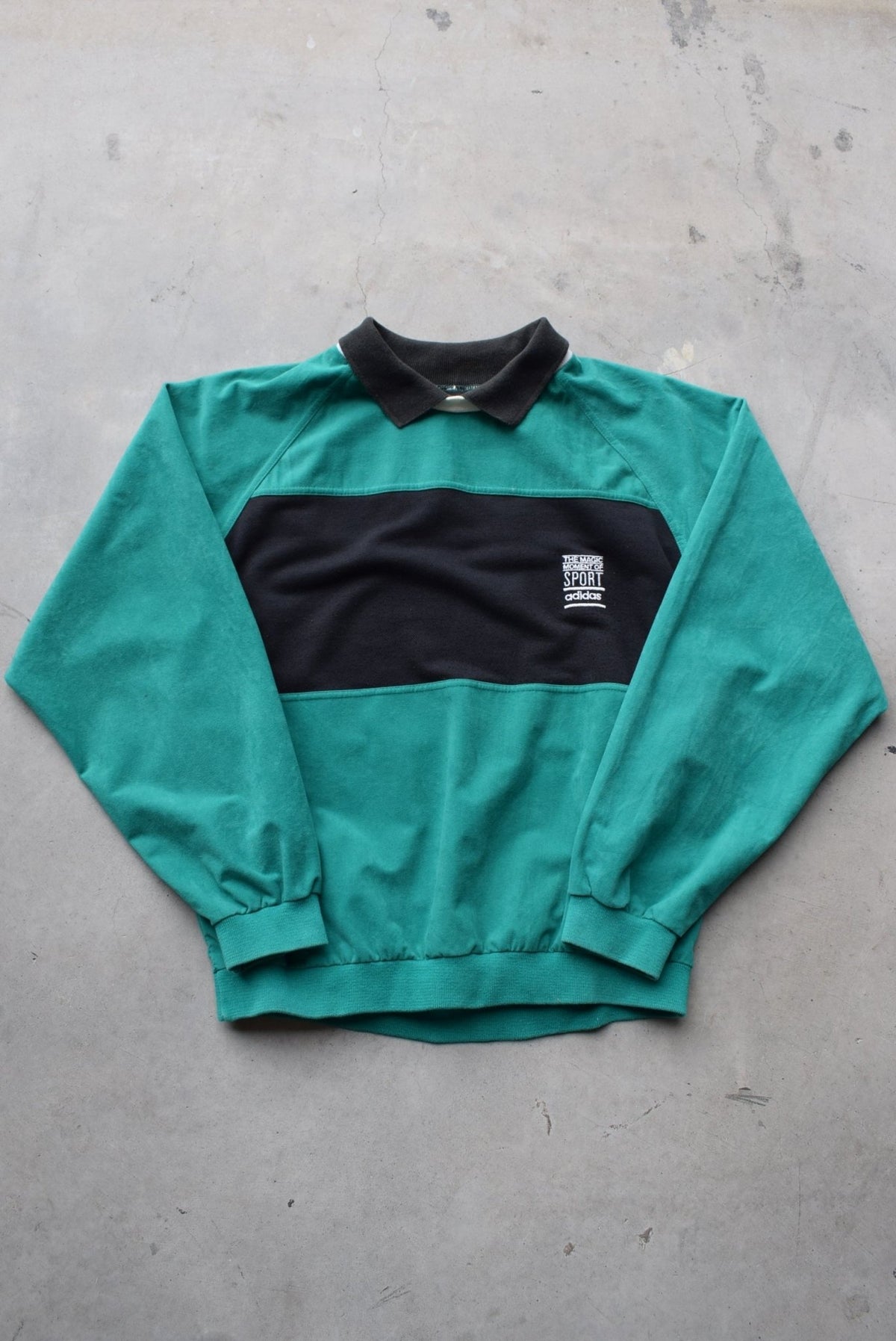 Adidas 'The Magic Moment of Sport' Green & Black Embroidered Collared Sweater — 1980s (L) - Retrospective Store