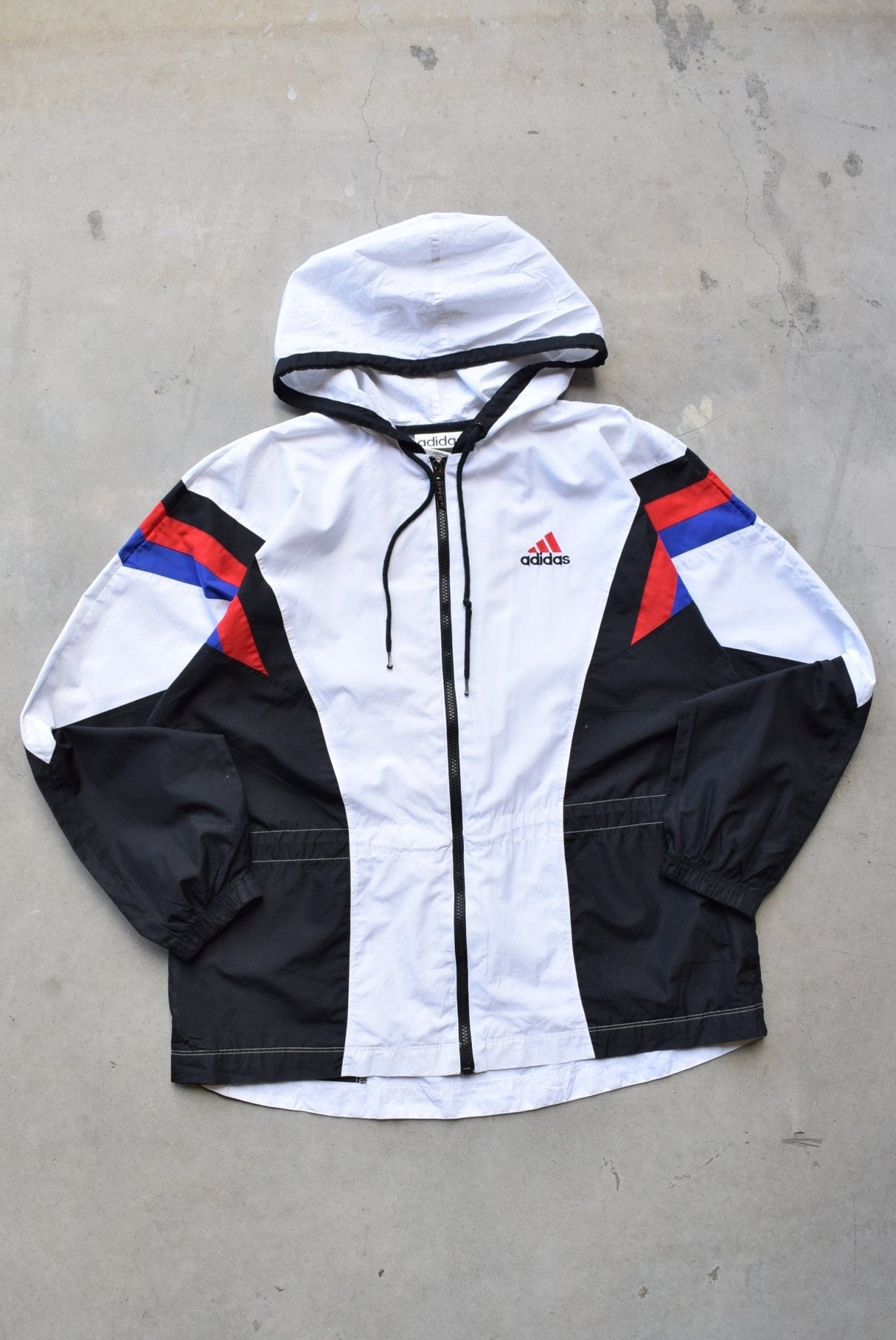 Adidas White & Black Embroidered Logo Spray Jacket — 1990s (M) - Retrospective Store