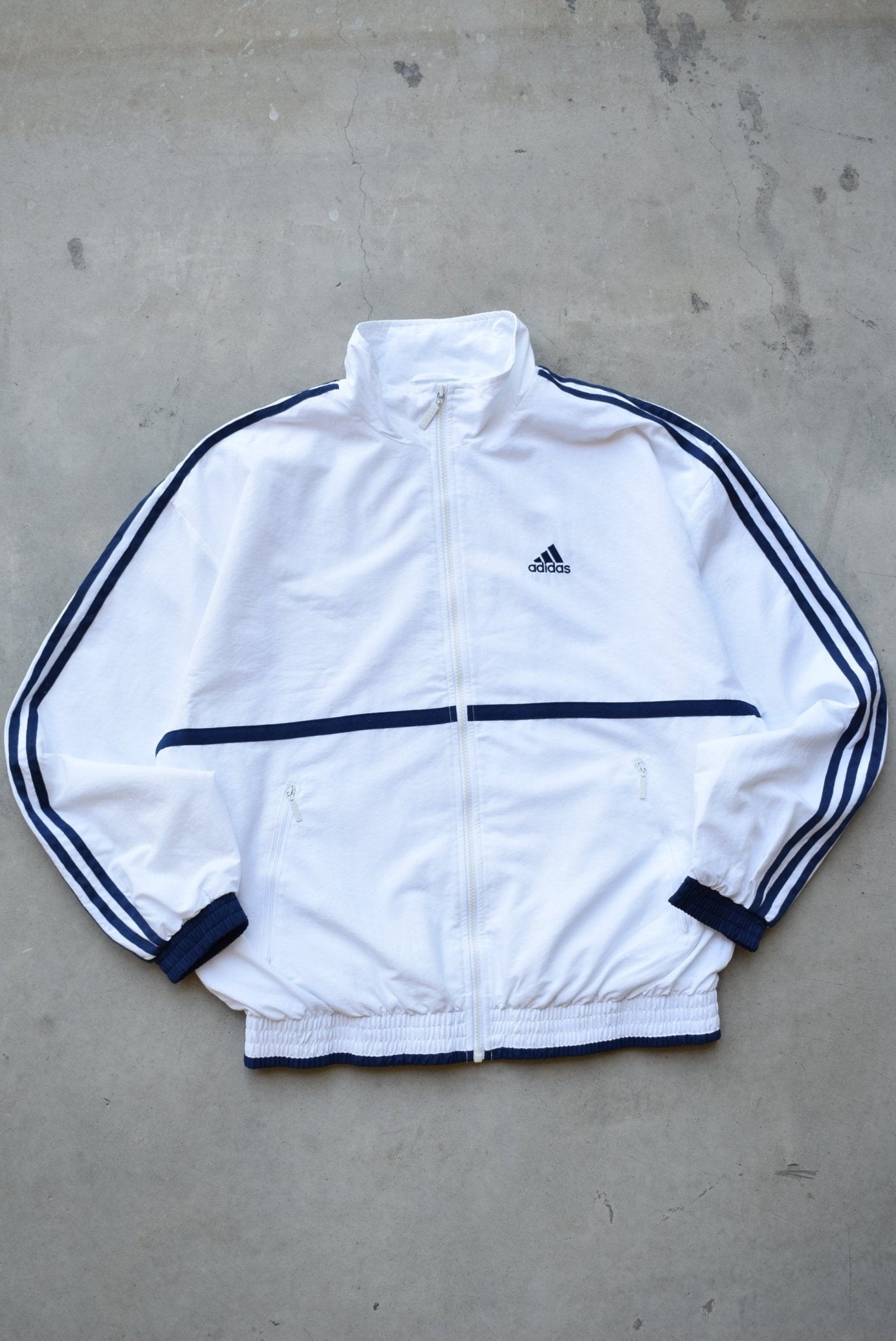 Adidas White Embroidered Spellout Jacket — 1990s (L) - Retrospective Store