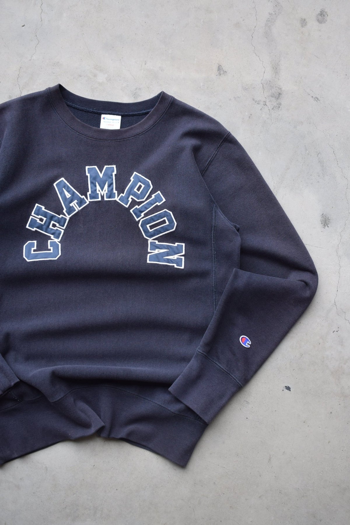 Champion Reverse-Weave Navy Embroidered Spellout Crewneck — 2000s (S) - Retrospective Store