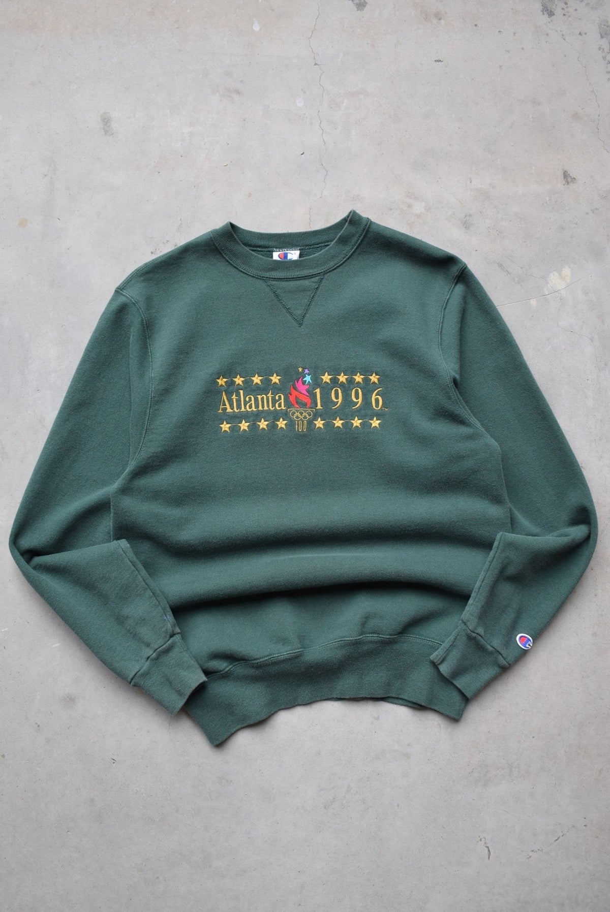 Champion x Atlanta Olympics Green Embroidered Spellout Crewneck — 1996 (M) - Retrospective Store