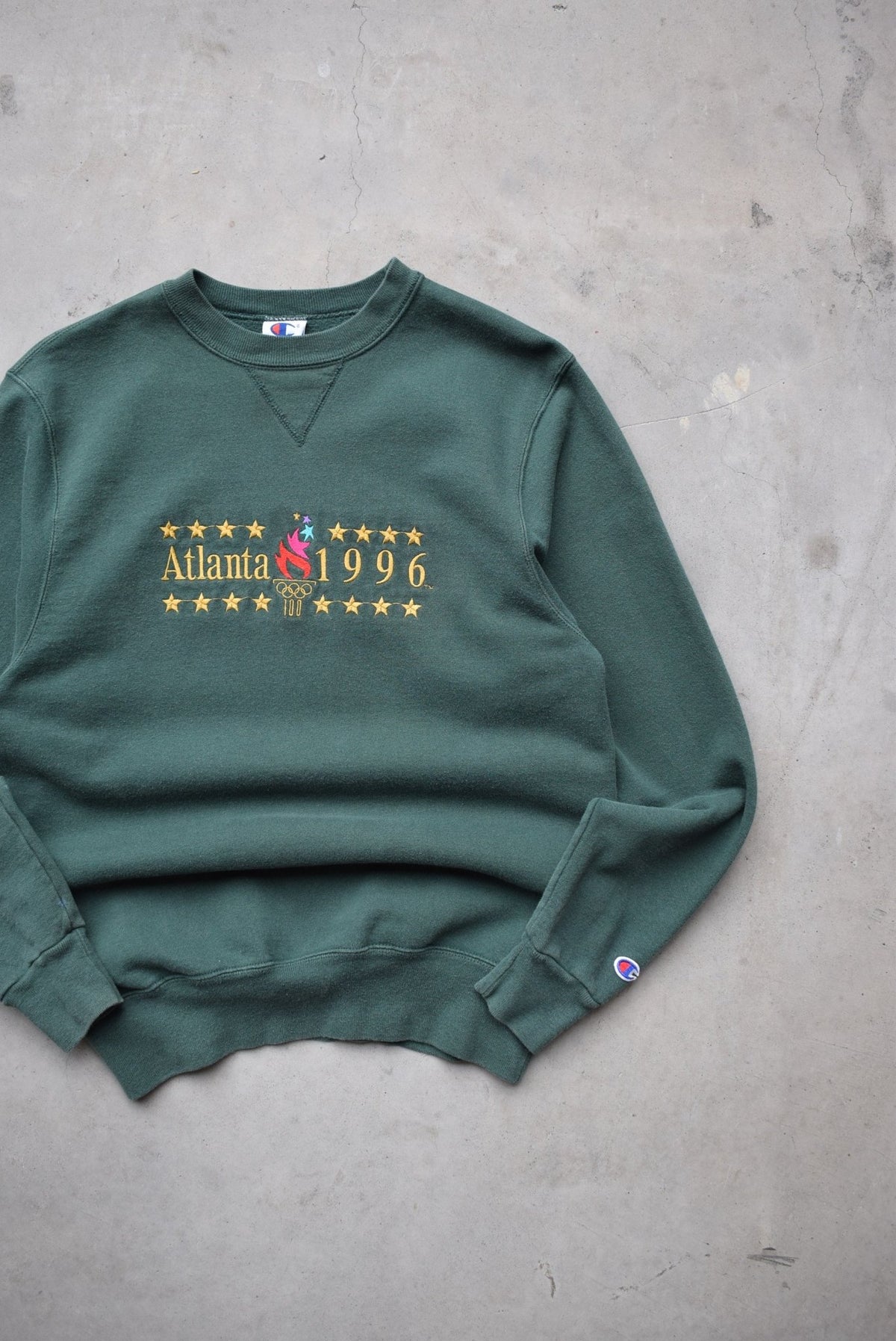 Champion x Atlanta Olympics Green Embroidered Spellout Crewneck — 1996 (M) - Retrospective Store