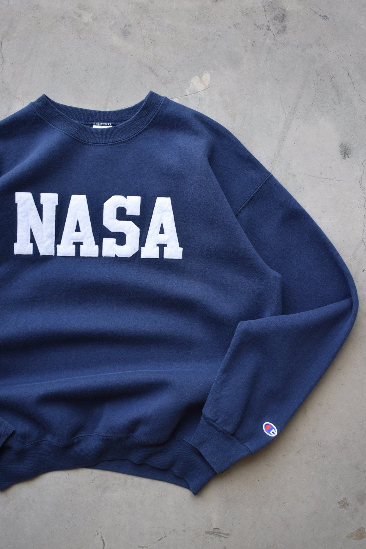 Champion x NASA Navy Embroidered Spellout Crewneck — 2000s (M) - Retrospective Store
