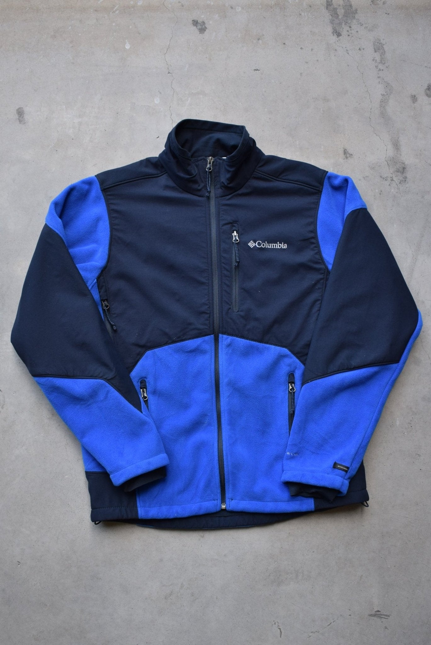 Columbia Blue & Navy Embroidered Spellout Fleece Jacket — 2000s (M) - Retrospective Store