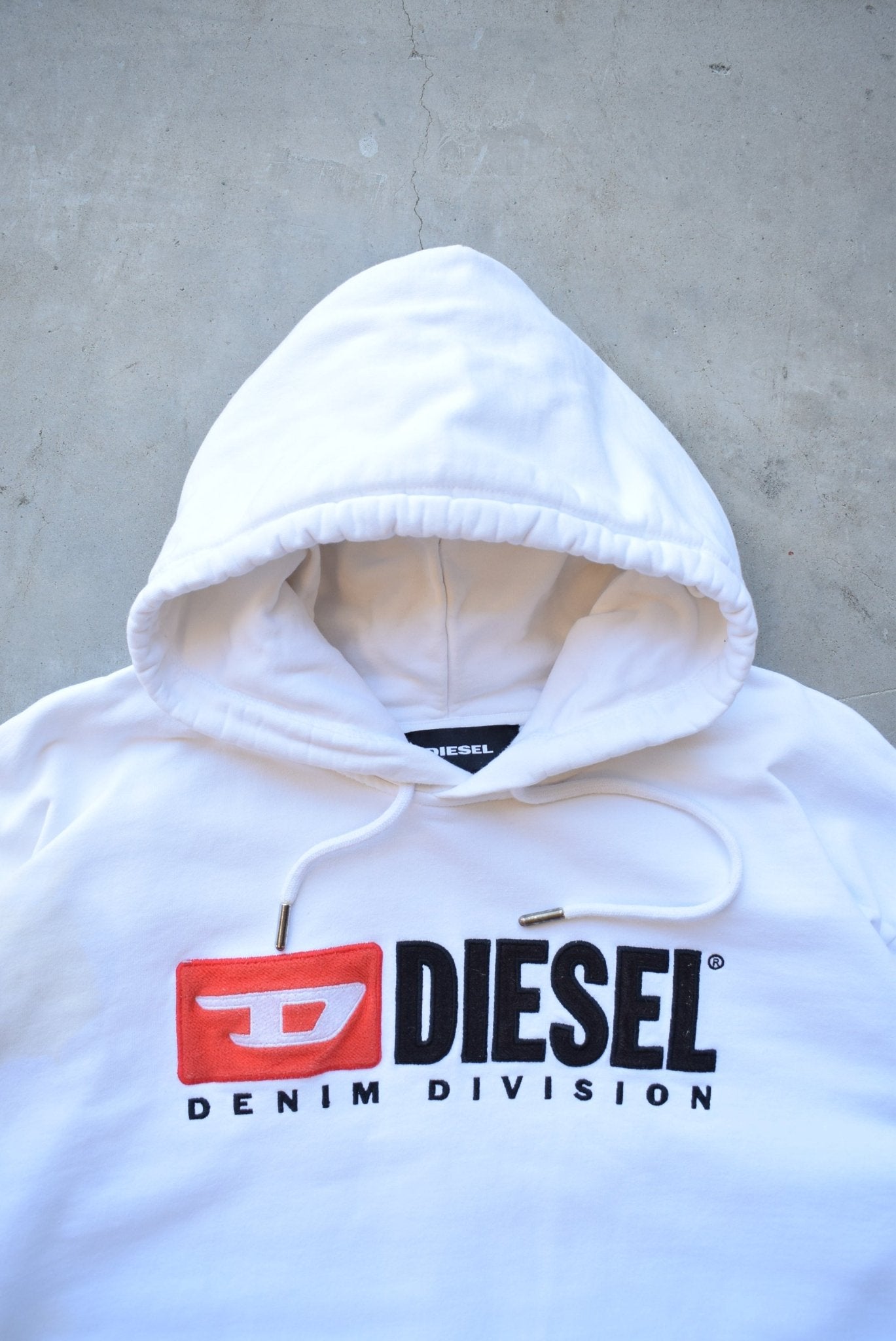 Diesel Denim Division White Embroidered Spellout Hoodie — 2000s (M) - Retrospective Store