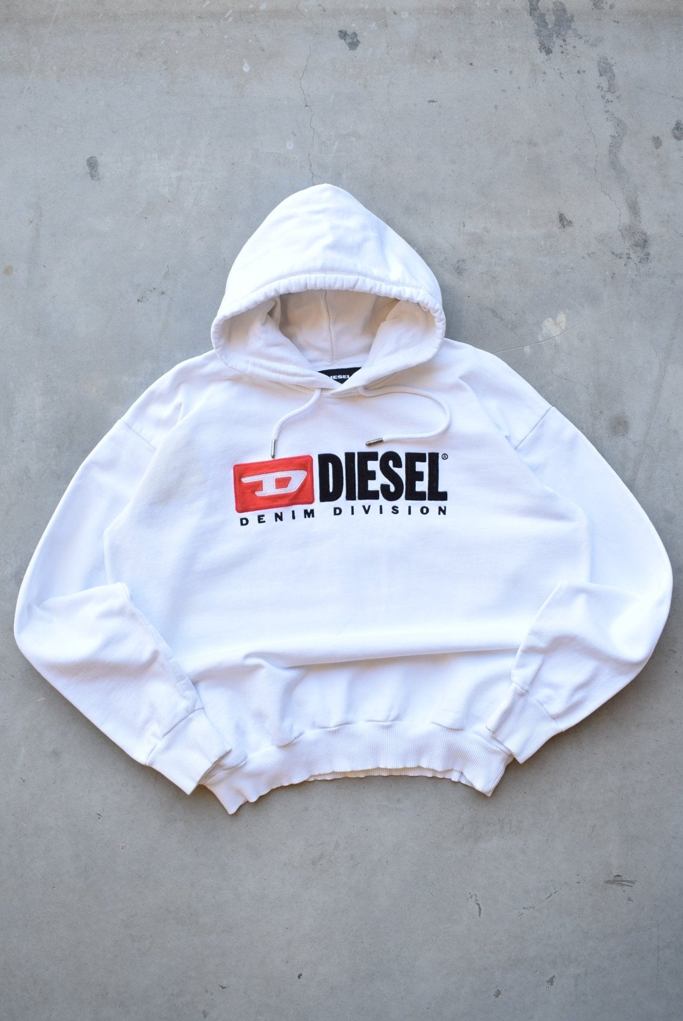 Diesel Denim Division White Embroidered Spellout Hoodie — 2000s (M) - Retrospective Store
