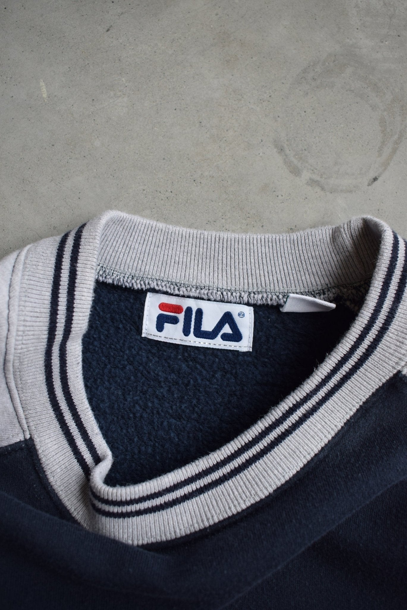 Fila Athletics Navy & Grey Embroidered Spellout Crewneck — 2000s (XL) - Retrospective Store