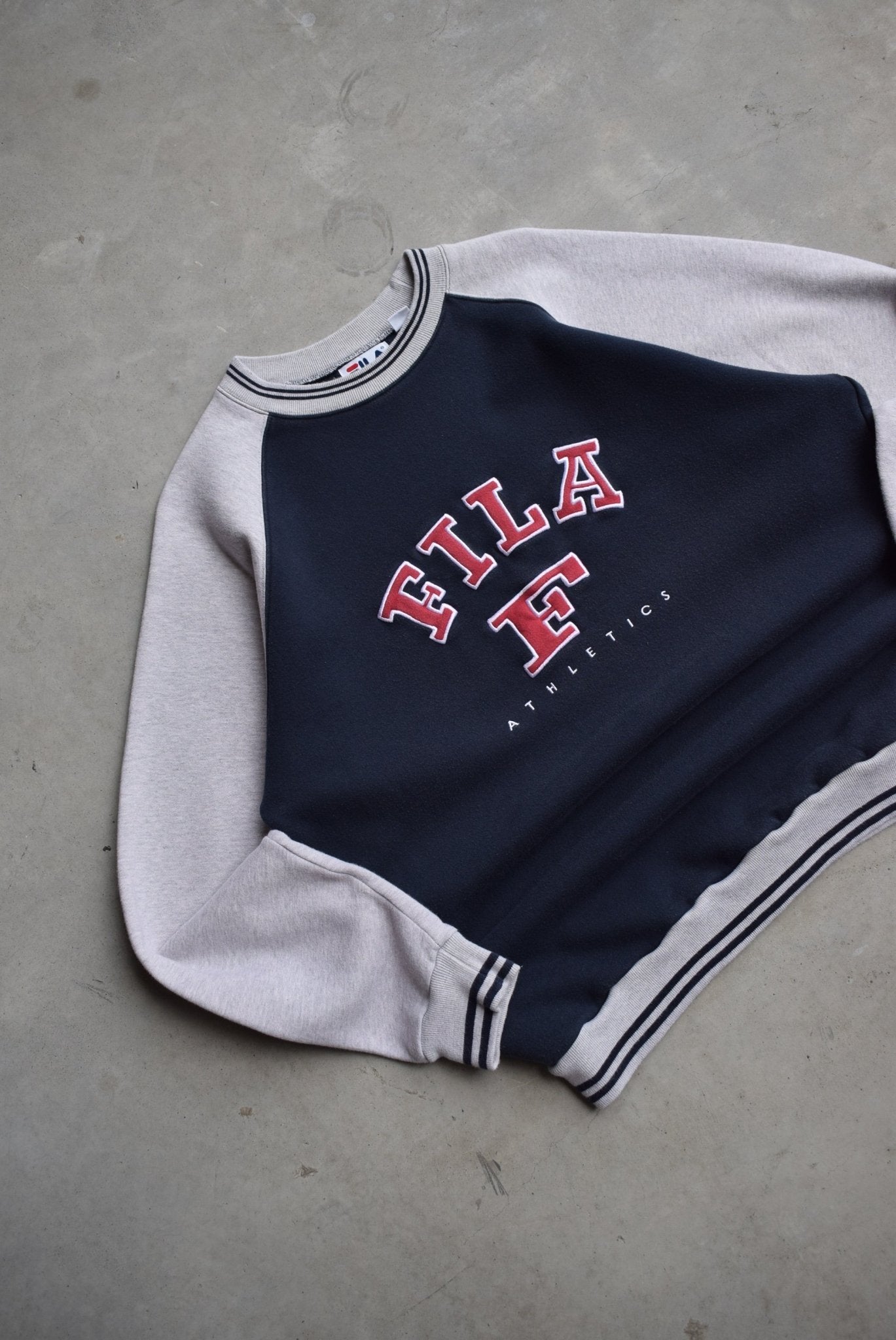 Fila Athletics Navy & Grey Embroidered Spellout Crewneck — 2000s (XL) - Retrospective Store