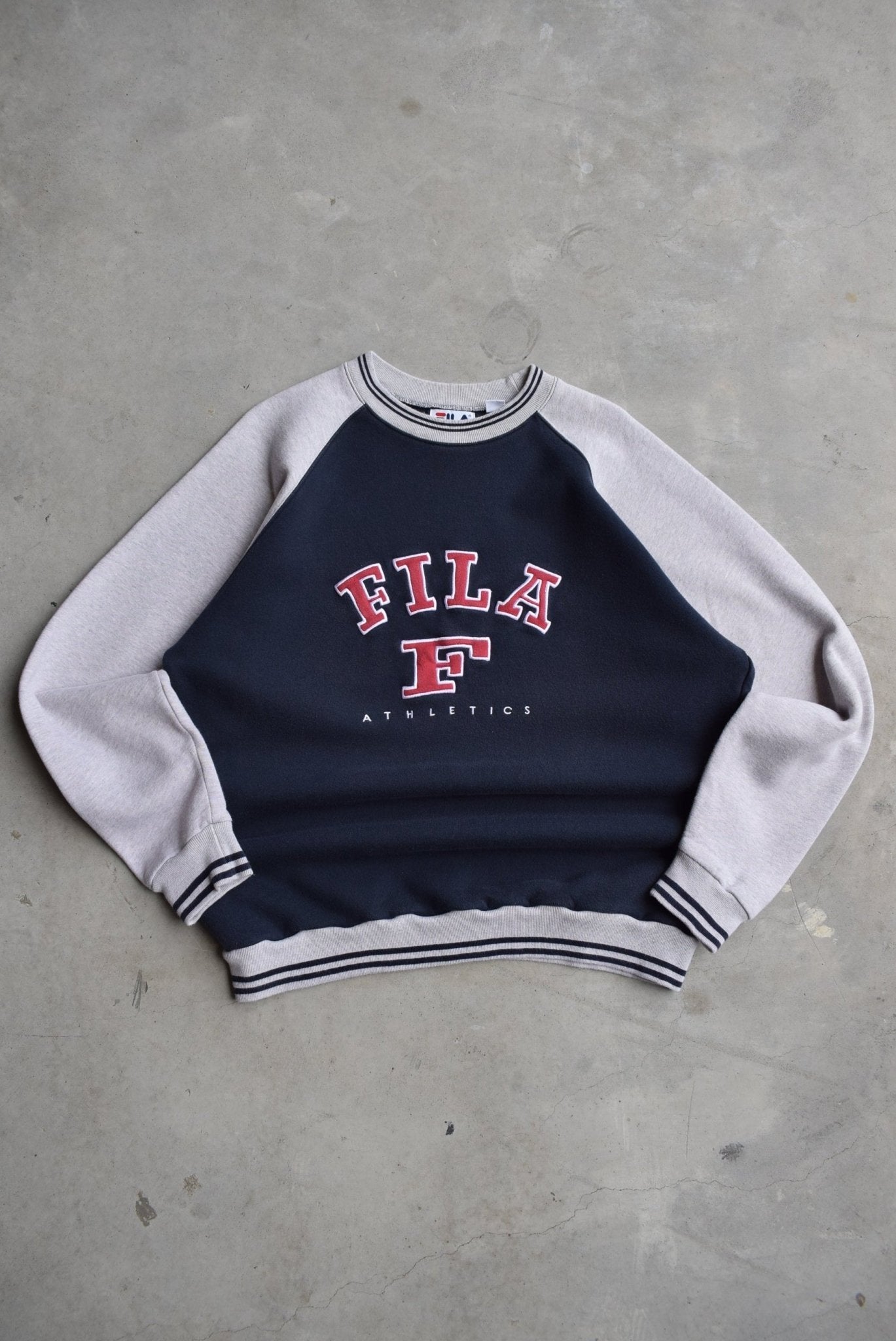 Fila Athletics Navy & Grey Embroidered Spellout Crewneck — 2000s (XL) - Retrospective Store