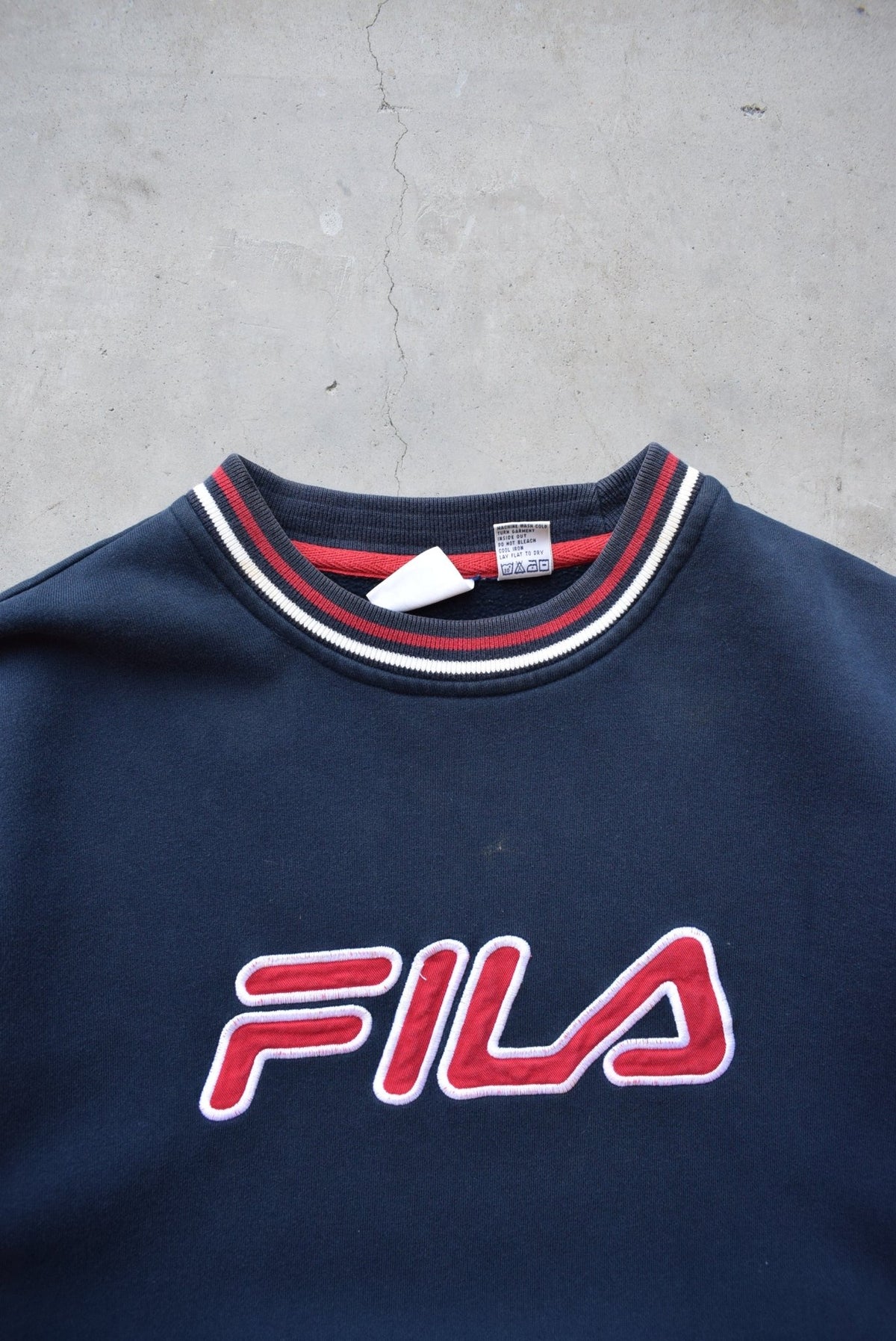 Fila Navy Embroidered Spellout Crewneck — 2000s (L) - Retrospective Store