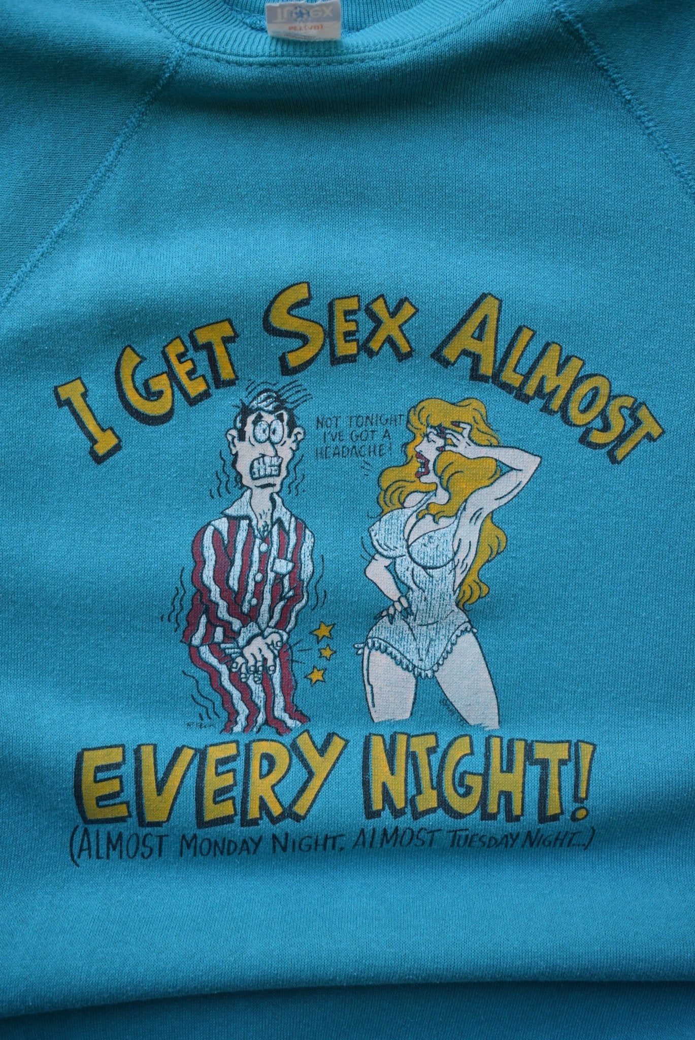 'I Get Sex Almost Every Night' Blue Graphic Crewneck — 1988 (S) - Retrospective Store