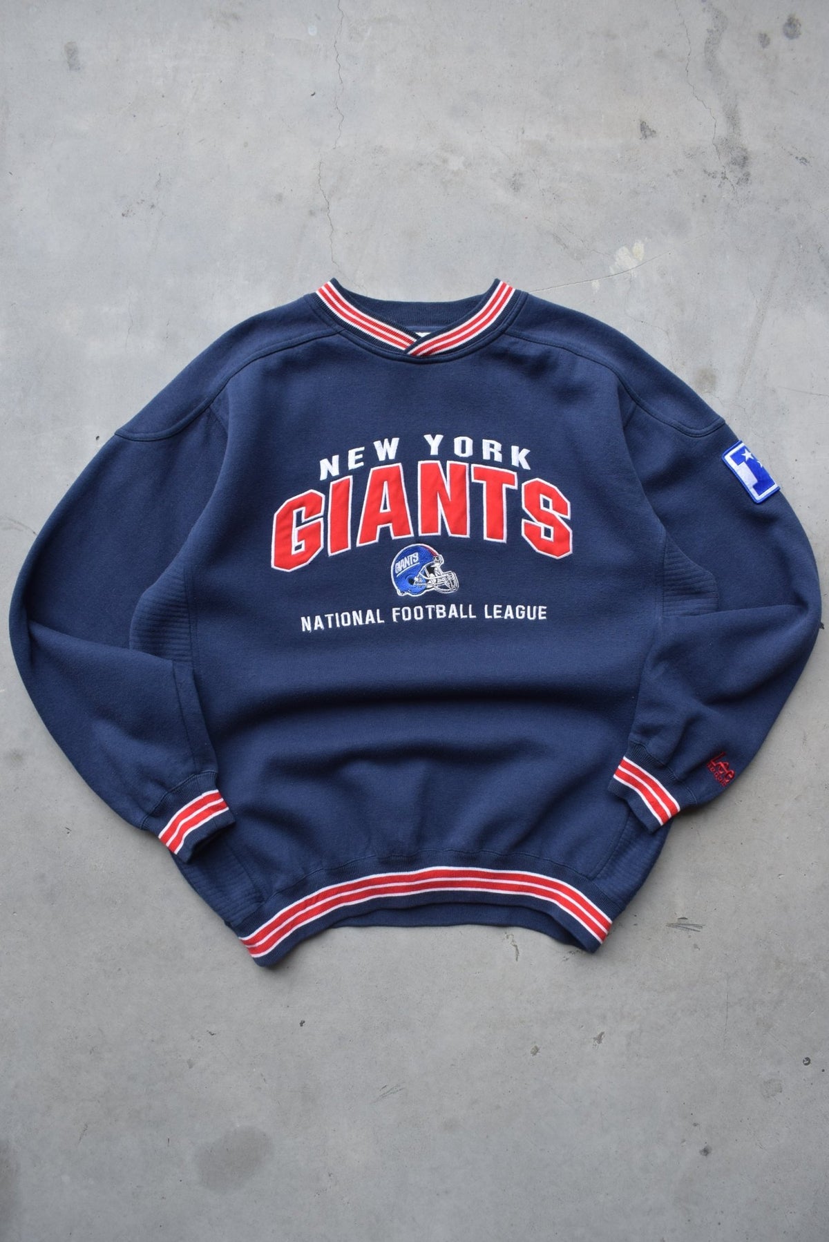 LEE Sports x NFL New York Giants Navy Embroidered Spellout Crewneck — 1990s (L) - Retrospective Store