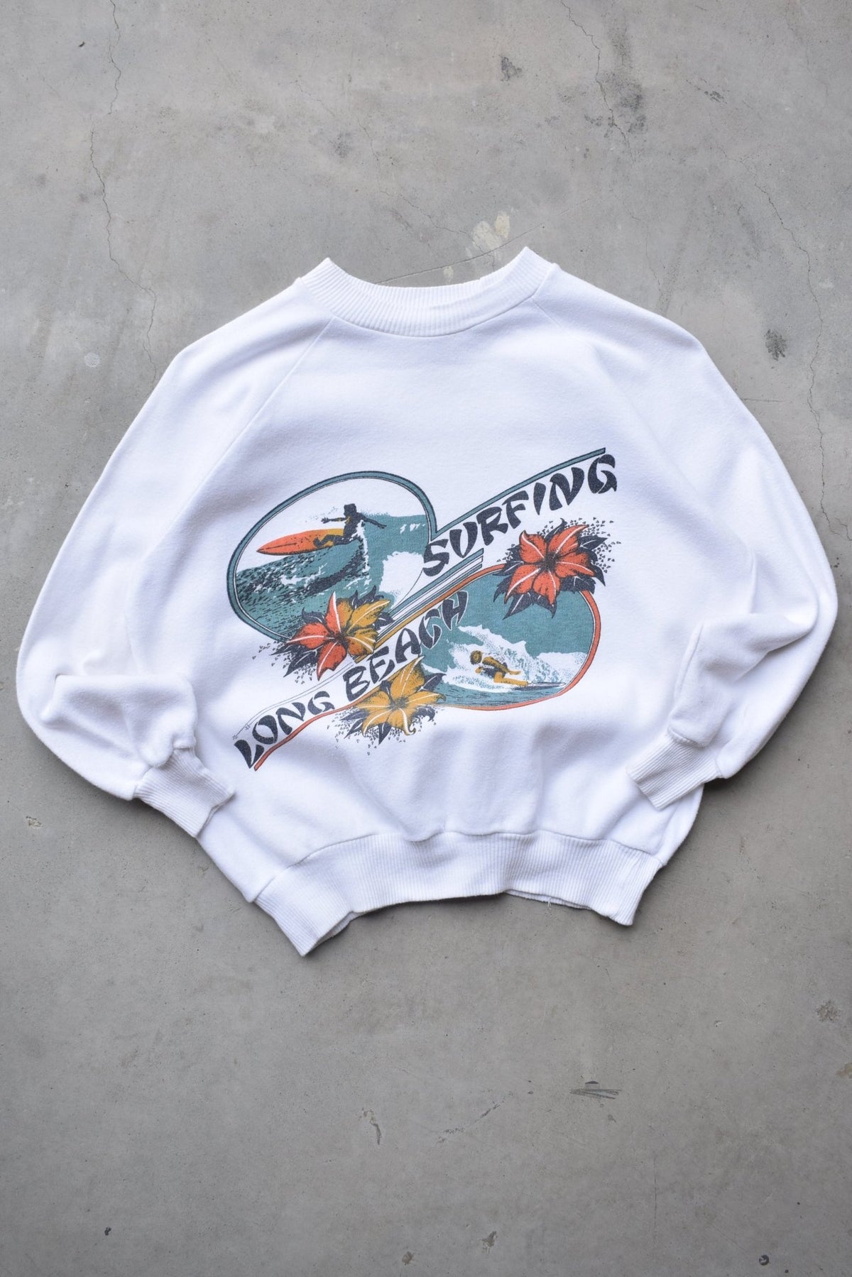 Long Beach Surfing White Graphic Crewneck — 1990s (XS) - Retrospective Store