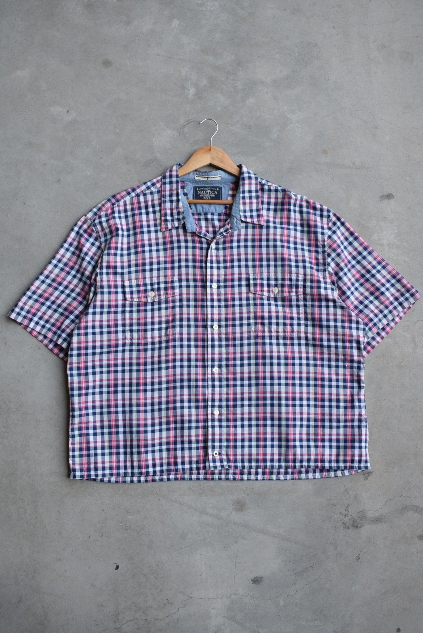 Nautica Blue & Red Cropped Button Up — 2000s (XXL) - Retrospective Store