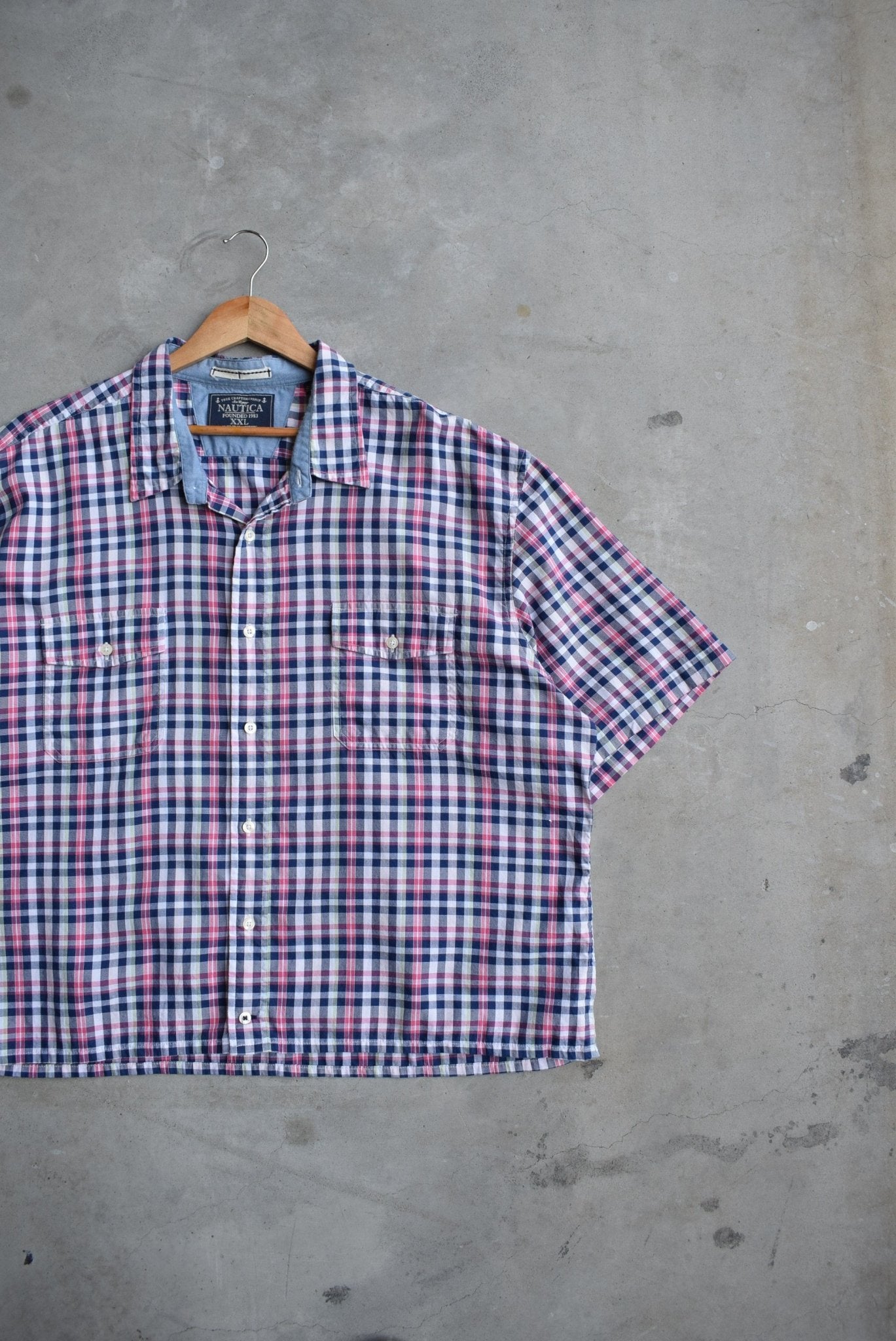 Nautica Blue & Red Cropped Button Up — 2000s (XXL) - Retrospective Store