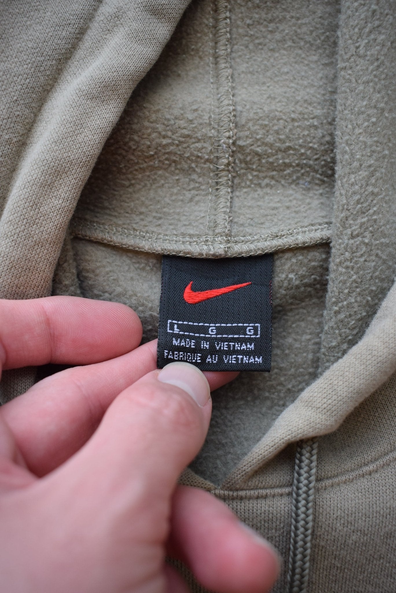 Nike Athletics Olive Green Embroiderd Swoosh Hoodie — 1990s (M) - Retrospective Store