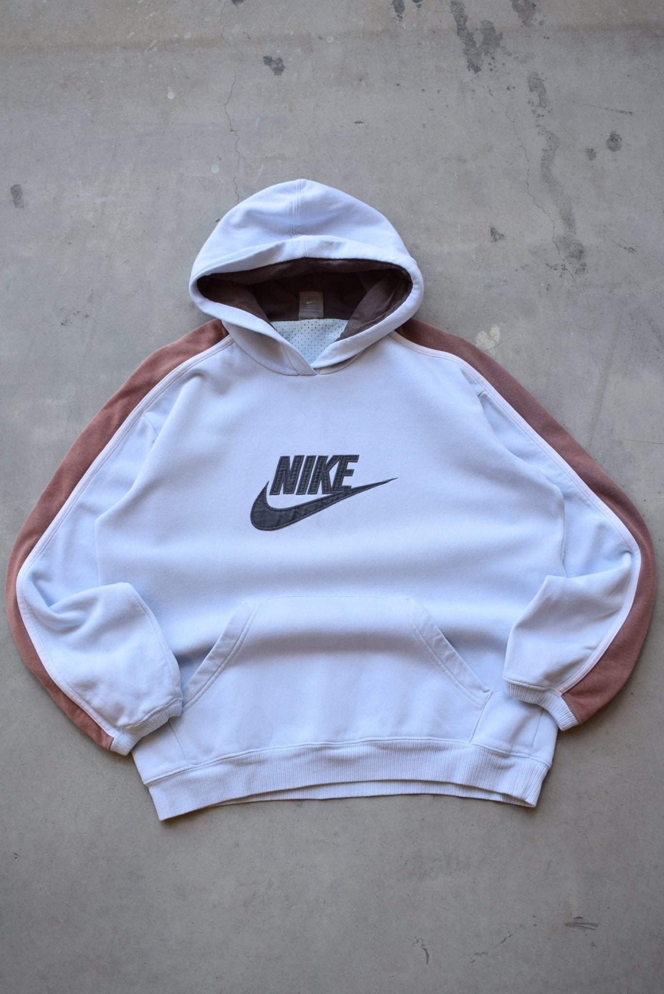 Nike Baby-Blue & Brown Embroidered Spellout Hoodie — 2000s (M) - Retrospective Store