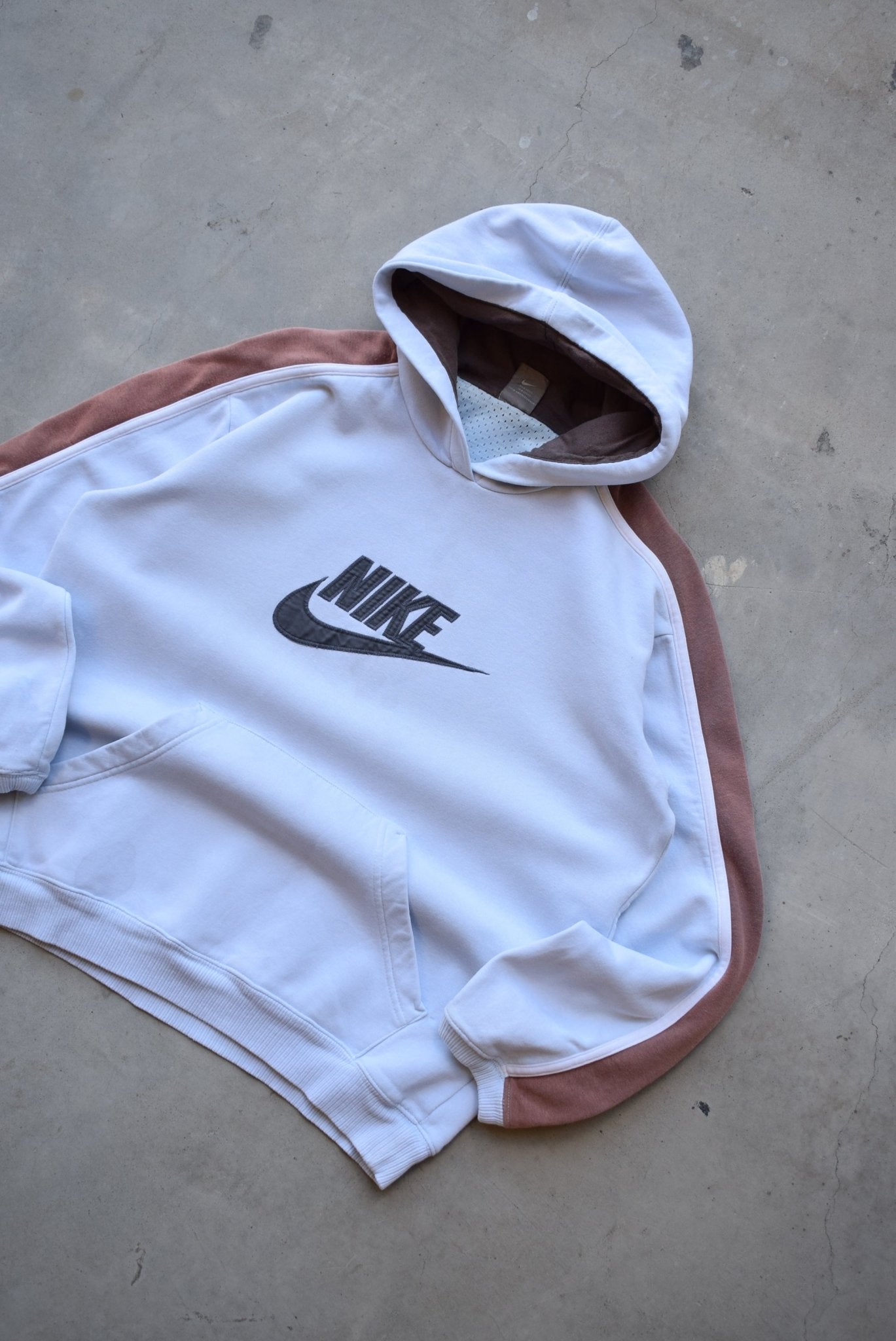 Nike Baby-Blue & Brown Embroidered Spellout Hoodie — 2000s (M) - Retrospective Store