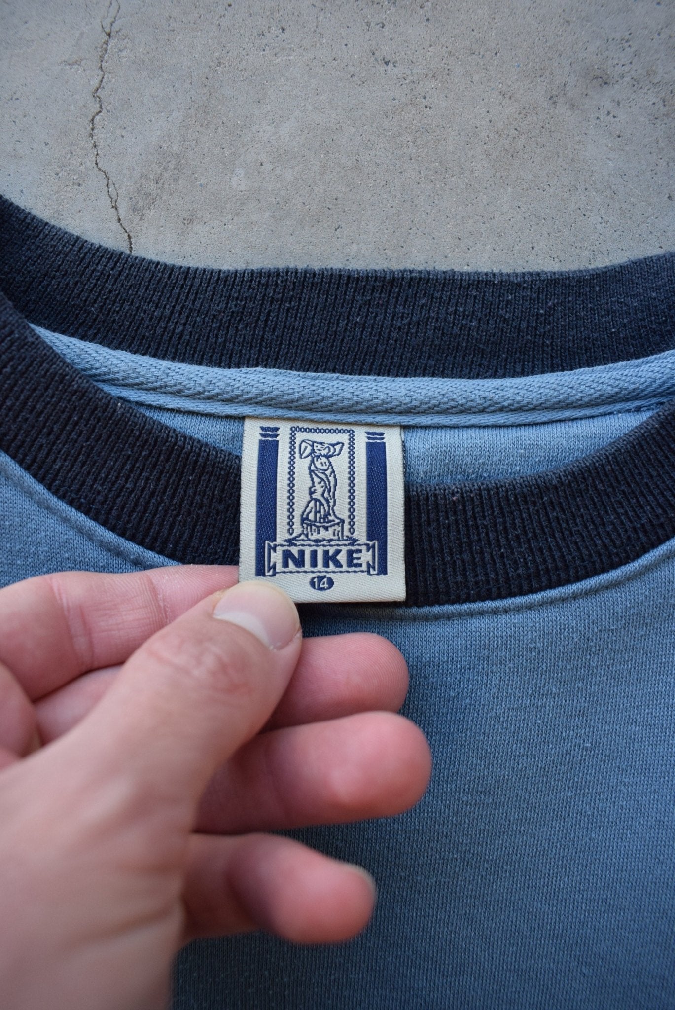 Nike Blue Embroidered Spellout Crewneck — 1990s (XS/S) - Retrospective Store