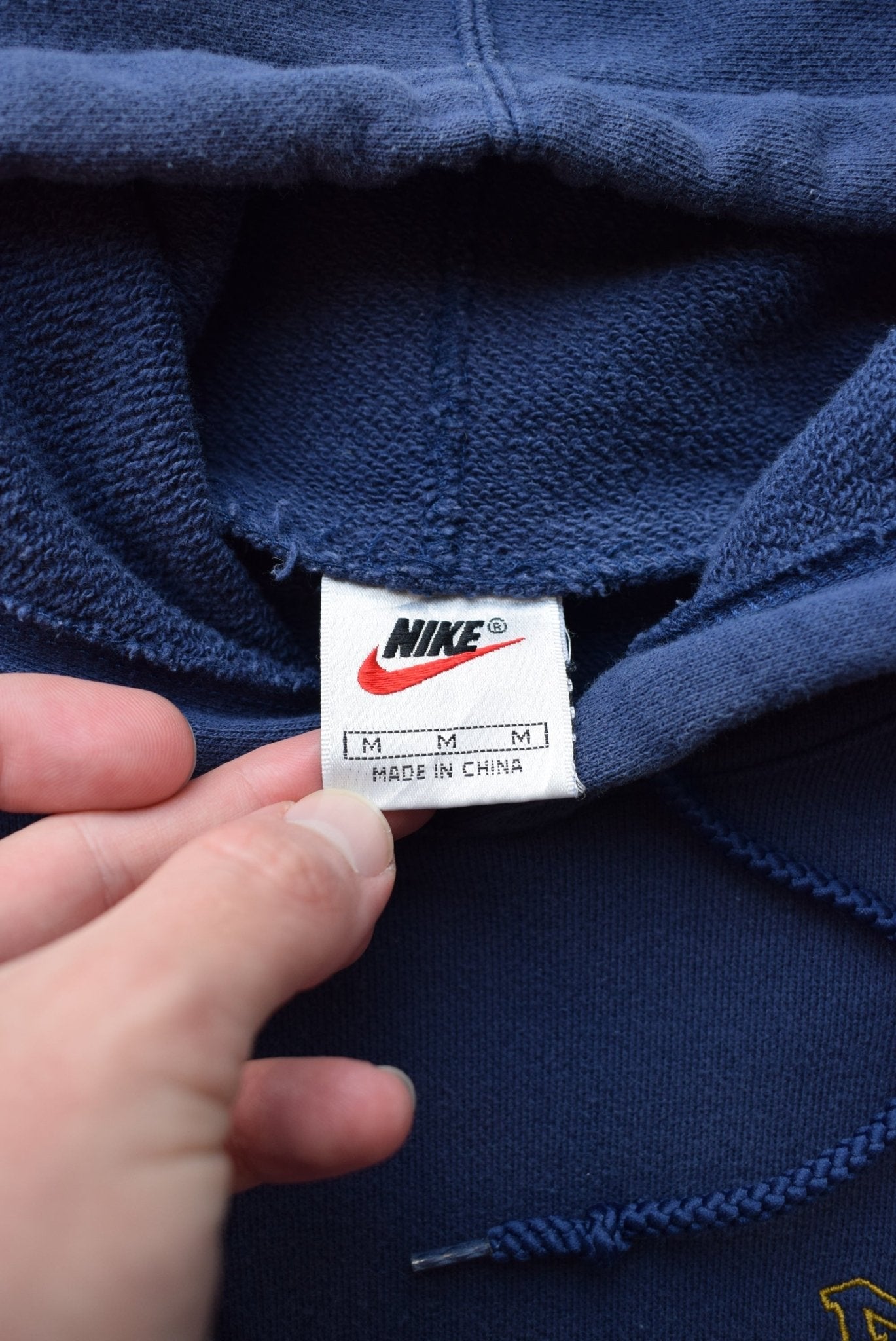 Nike Navy Embroidered Spellout Hoodie — 1990s (S) - Retrospective Store